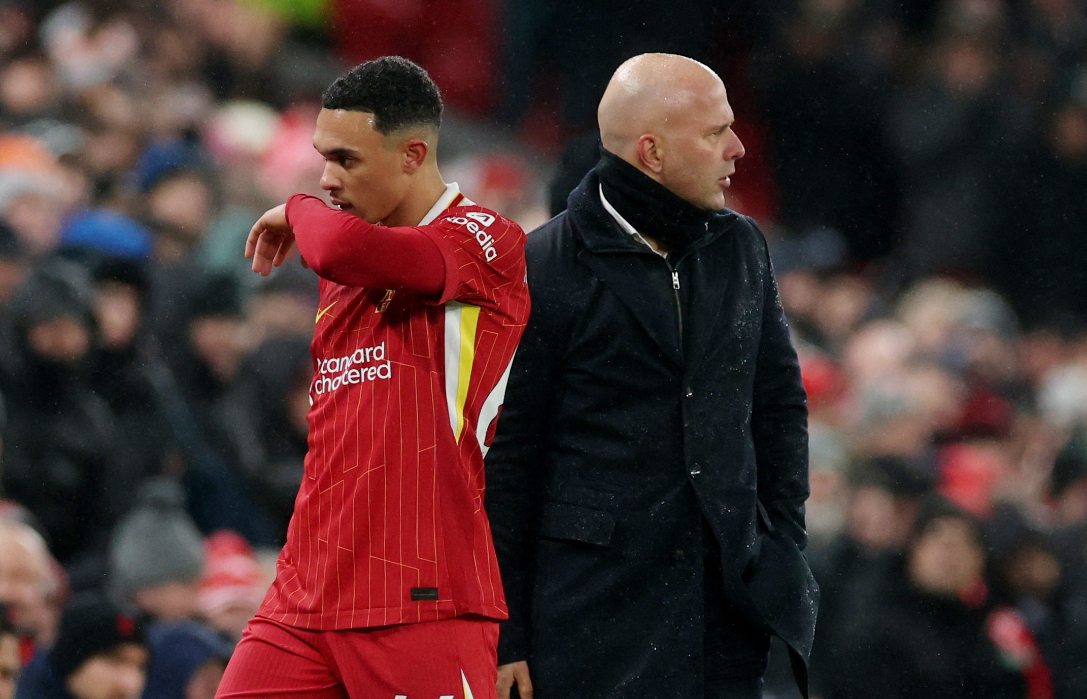 Trent Alexander-Arnold is substituted by Arne Slot at Anfield