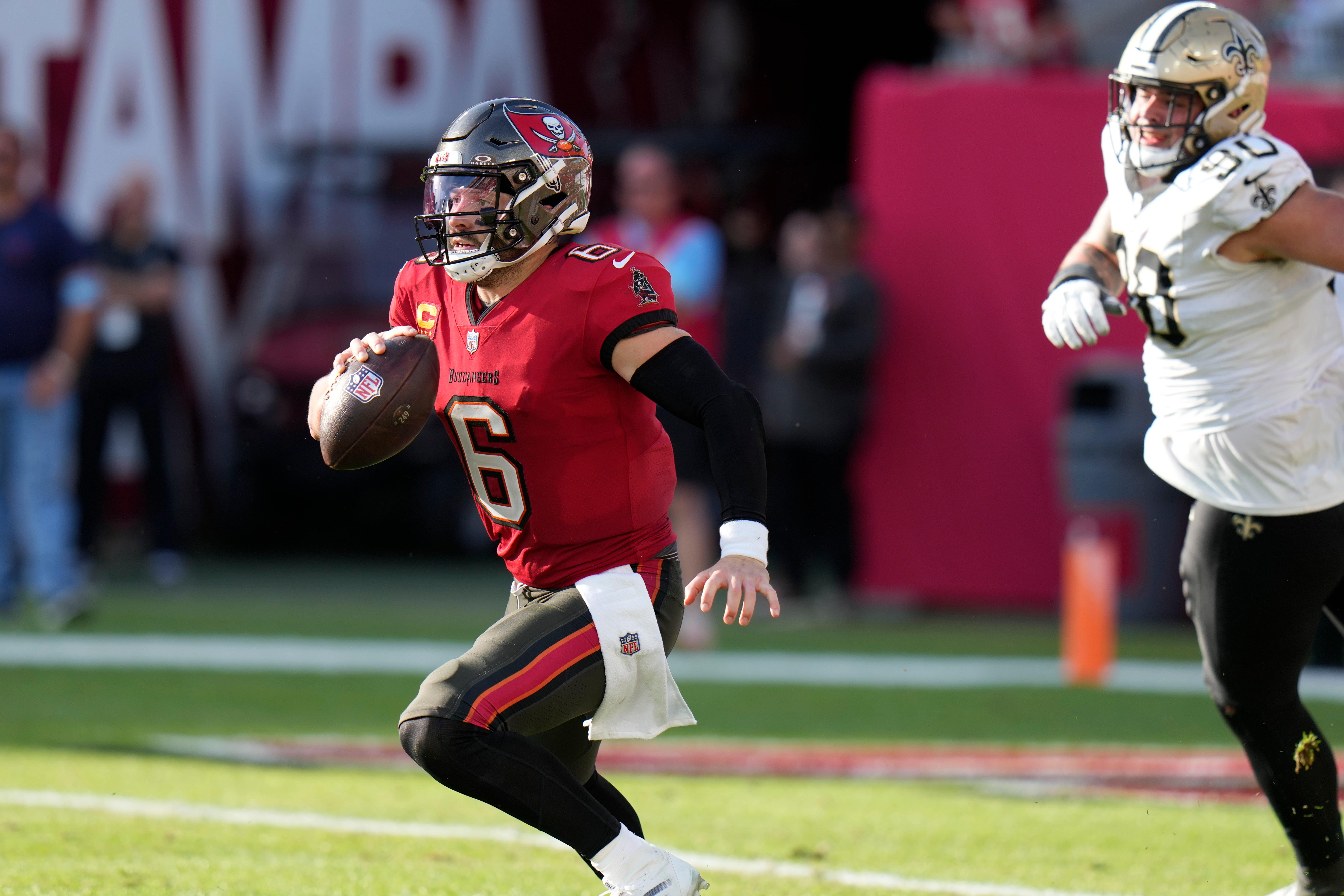 Tampa Bay Buccaneers quarterback Baker Mayfield carries on a 27-yard run during a victory over the New Orleans Saints (Chris O’Meara/AP)