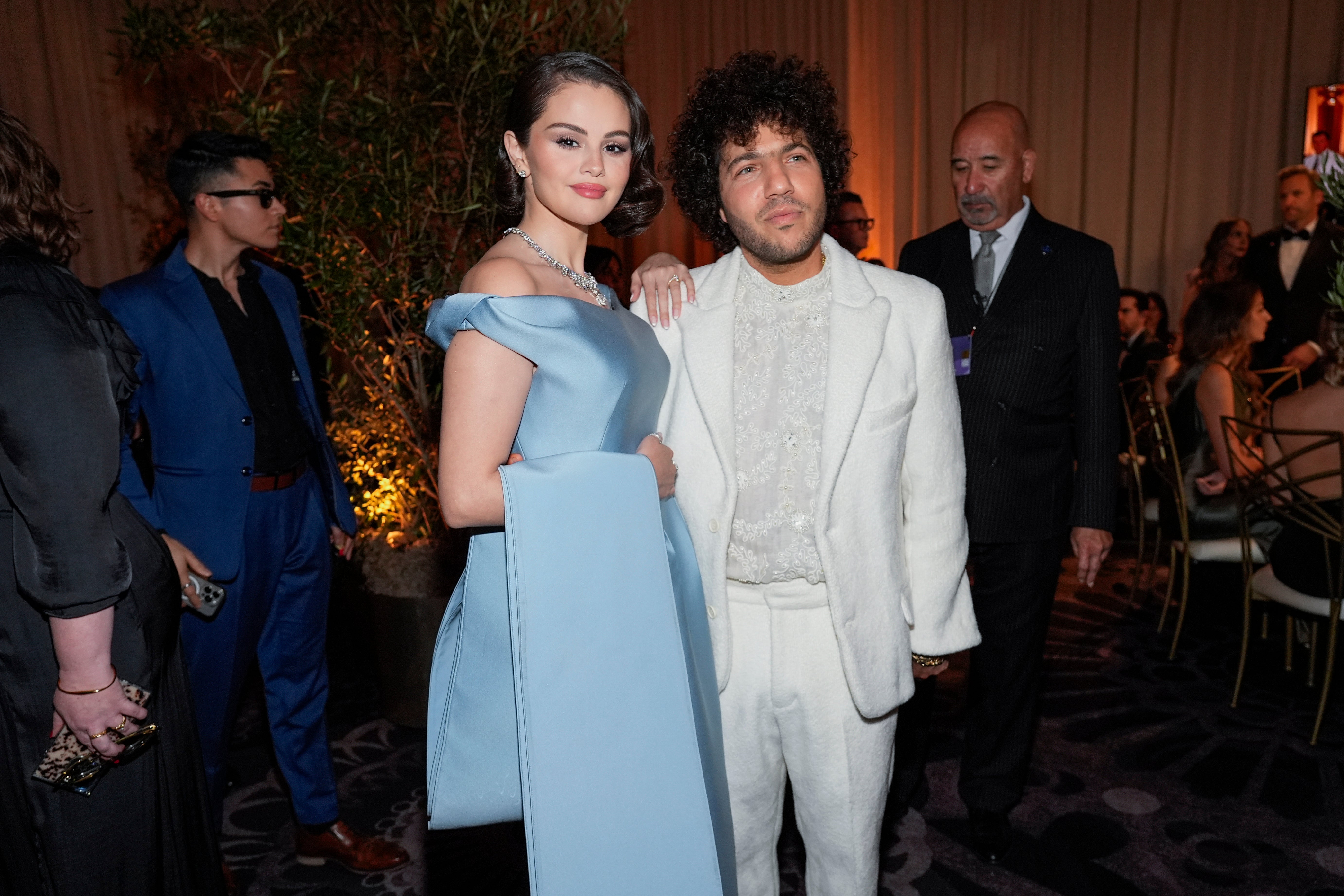 Selena Gomez is seen with Benny Blanco. Gomez is being praised for her reaction to co-star Zoe Saldaña’s win