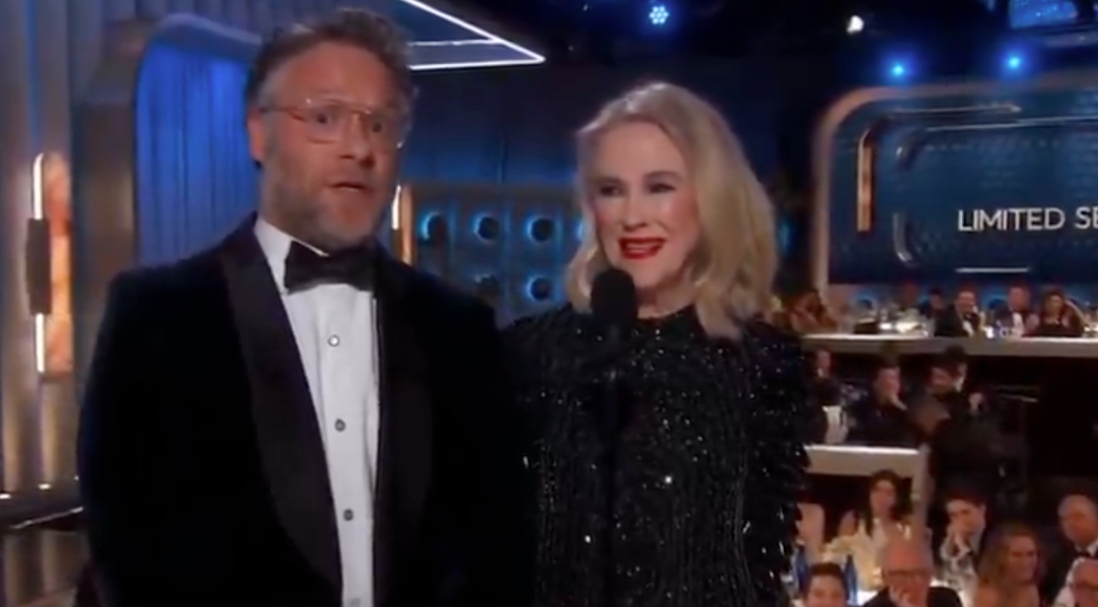 Seth Rogen and Catherine O’Hara present together at the 2025 Golden Globes