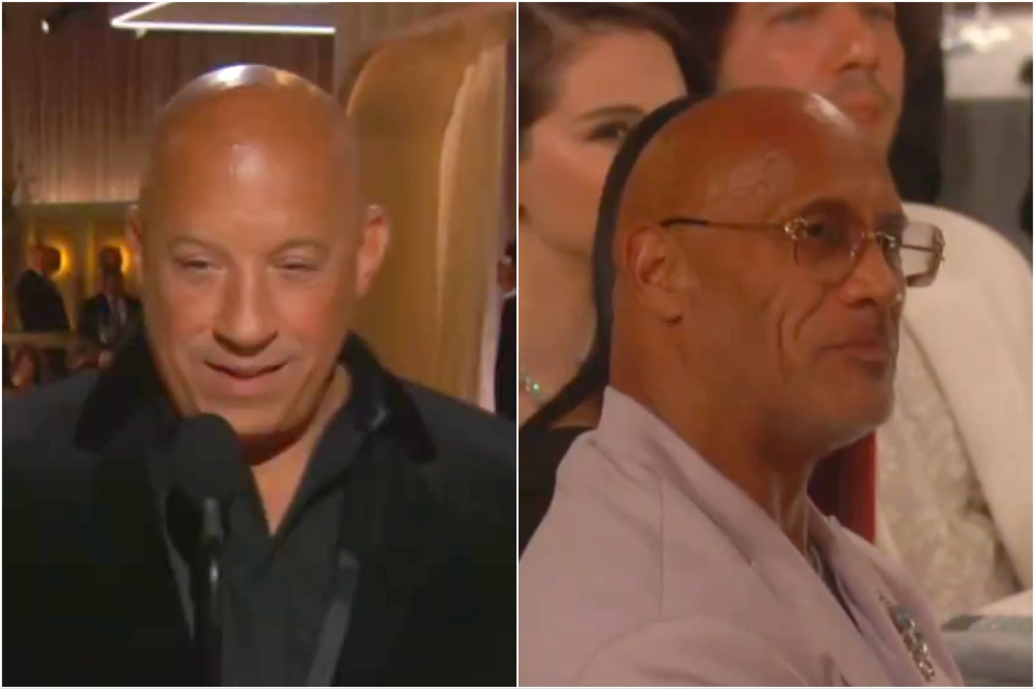 Vin Diesel and Dwayne Johnson at the 2025 Golden Globes. Johnson seemed not to pleased with the shout-out from Diesel during the ceremony