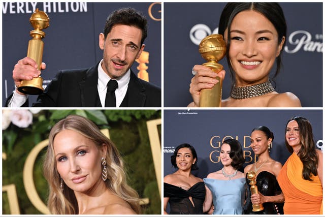 <p>Clockwise from top left: Winners Adrien Brody (‘The Brutalist’), Anna Sawai (‘Shogun’), the cast of Emilia Pérez and host Nikki Glaser </p>