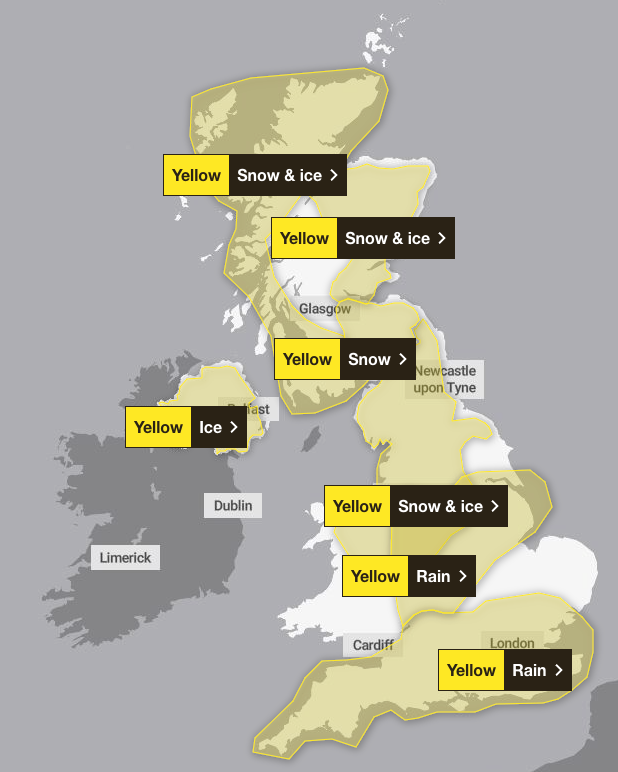 The weather warnings issued by the Met Office for Monday