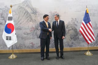 Antony Blinken and South Korea's National Assembly Speaker Woo Won Shik shake hands during a meeting at the National Assembly in Seoul, South Korea