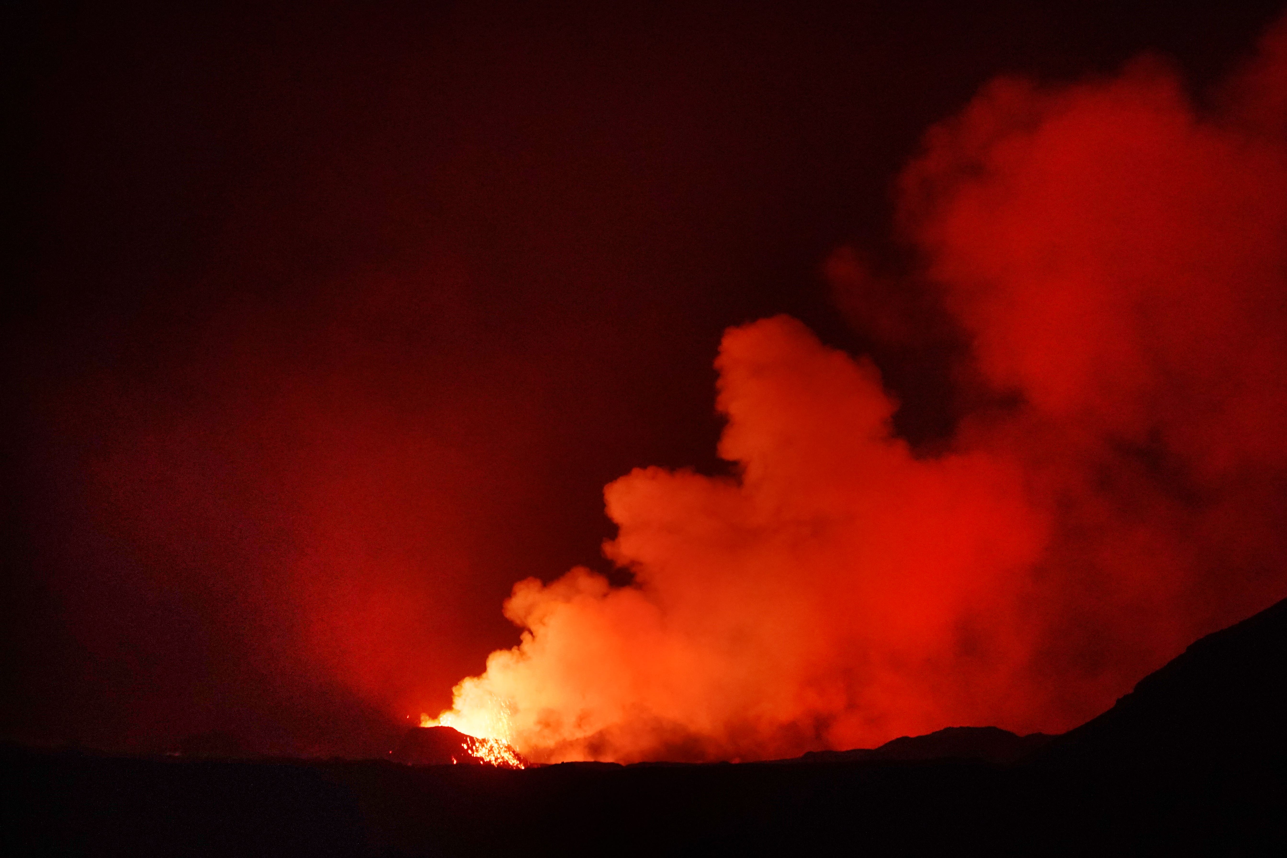 The Sundhnjukagigar volcano erupting on the south coast of Iceland near the town of Grindavik, between Sylingarfell and Hagafell (PA)