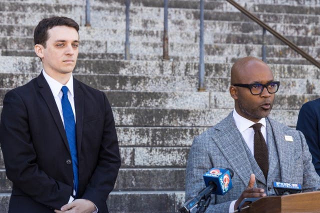 <p>Orleans Parish Assistant District Attorney Ian Kersting (L) next to District Attorney Jason Williams (R) in November 2022</p>