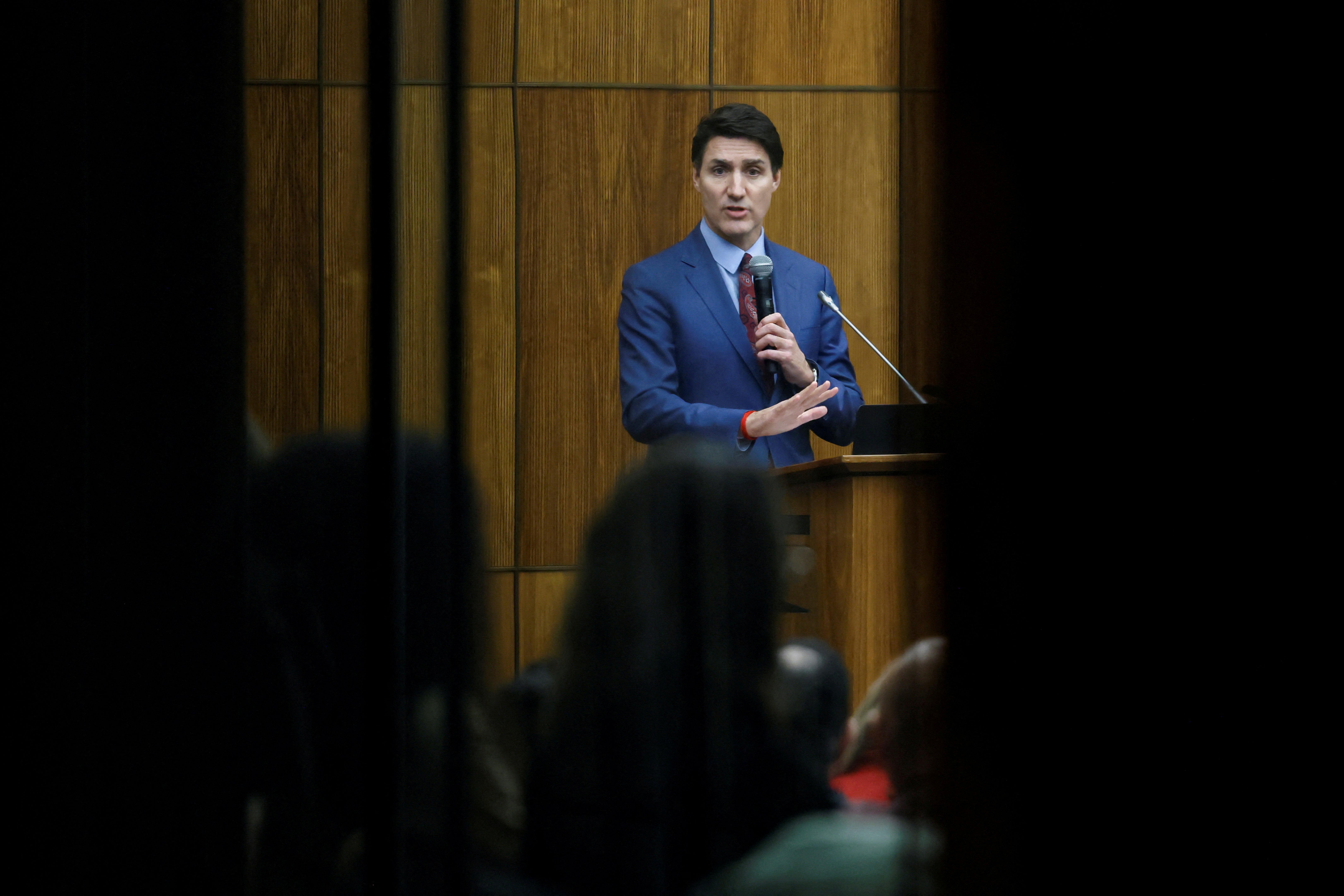 Mr Trudeau addresses the Liberal party caucus meeting in Ottawa, Ontario, in December