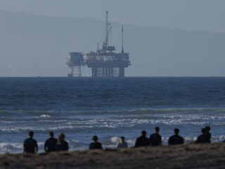 An offshore oil rig in Huntington Beach, California