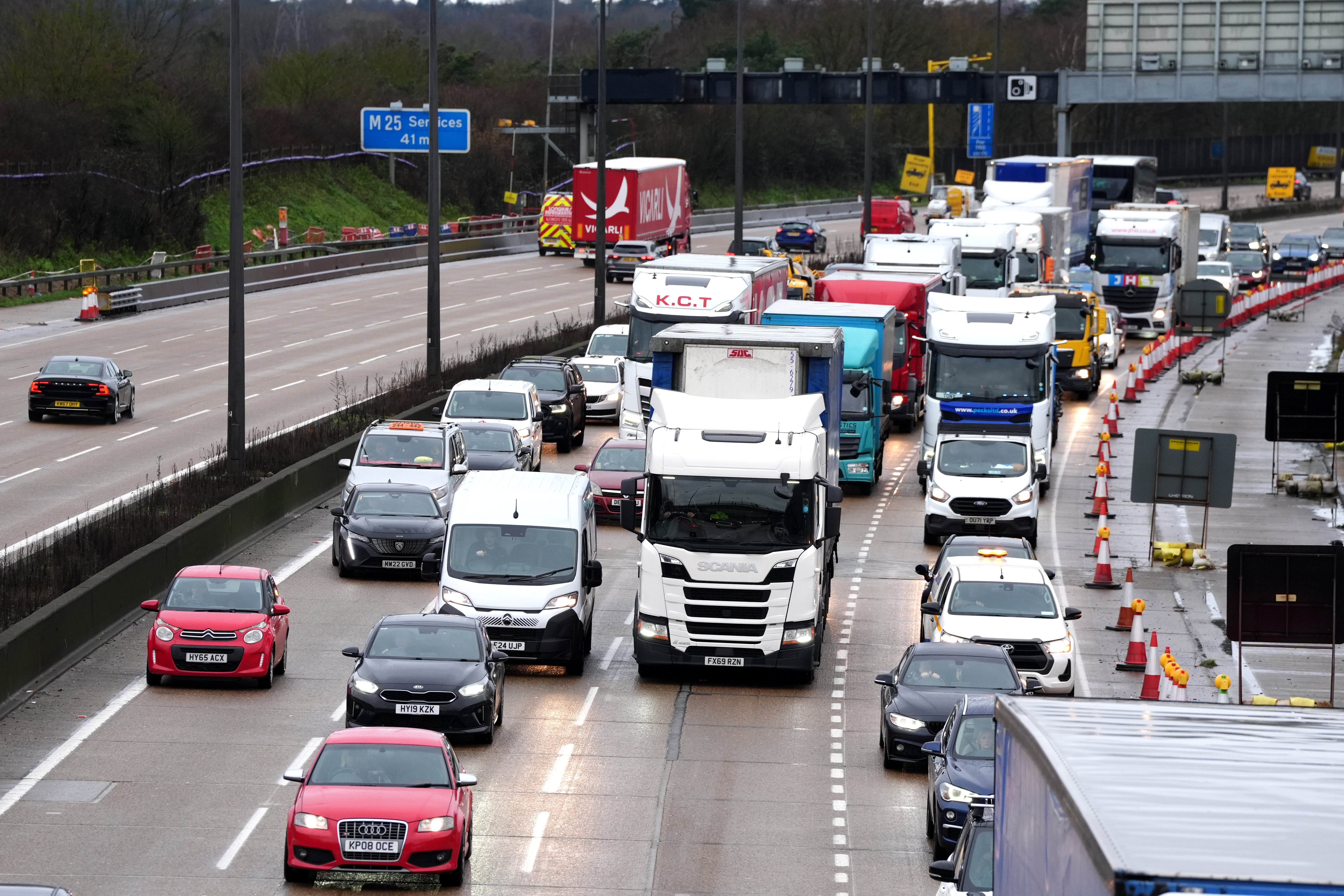 Traffic on the M25 motorway near junction 10 for the A3