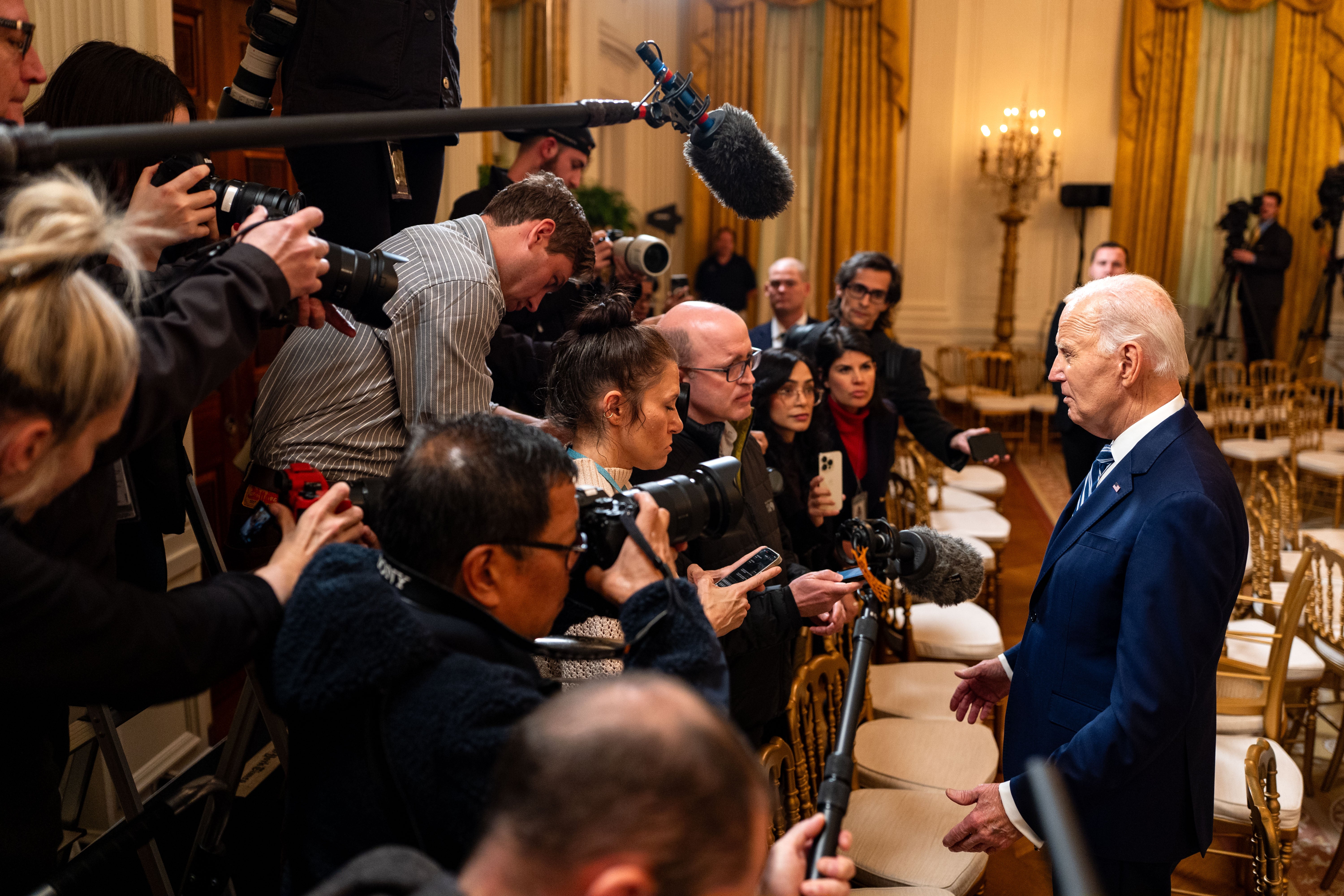 U.S. President Joe Biden speaks to the press as he prepares to depart a bill signing event in the East Room of the White House, where he signed the Social Security Fairness Act on January 5, 2025, in Washington, DC. Biden snapped at reporters over the issue of his age