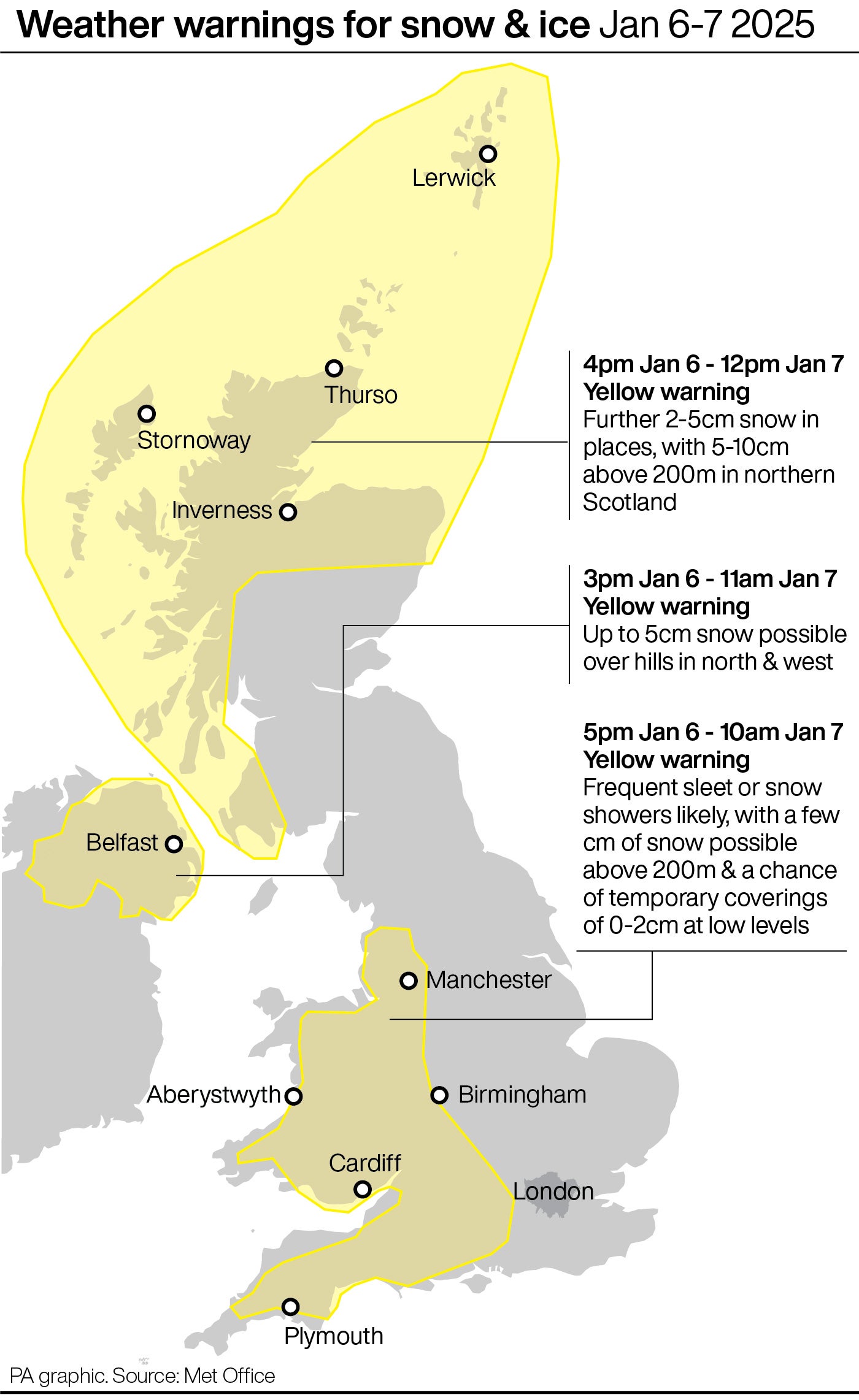 Weather warnings for snow and ice 6-7 January