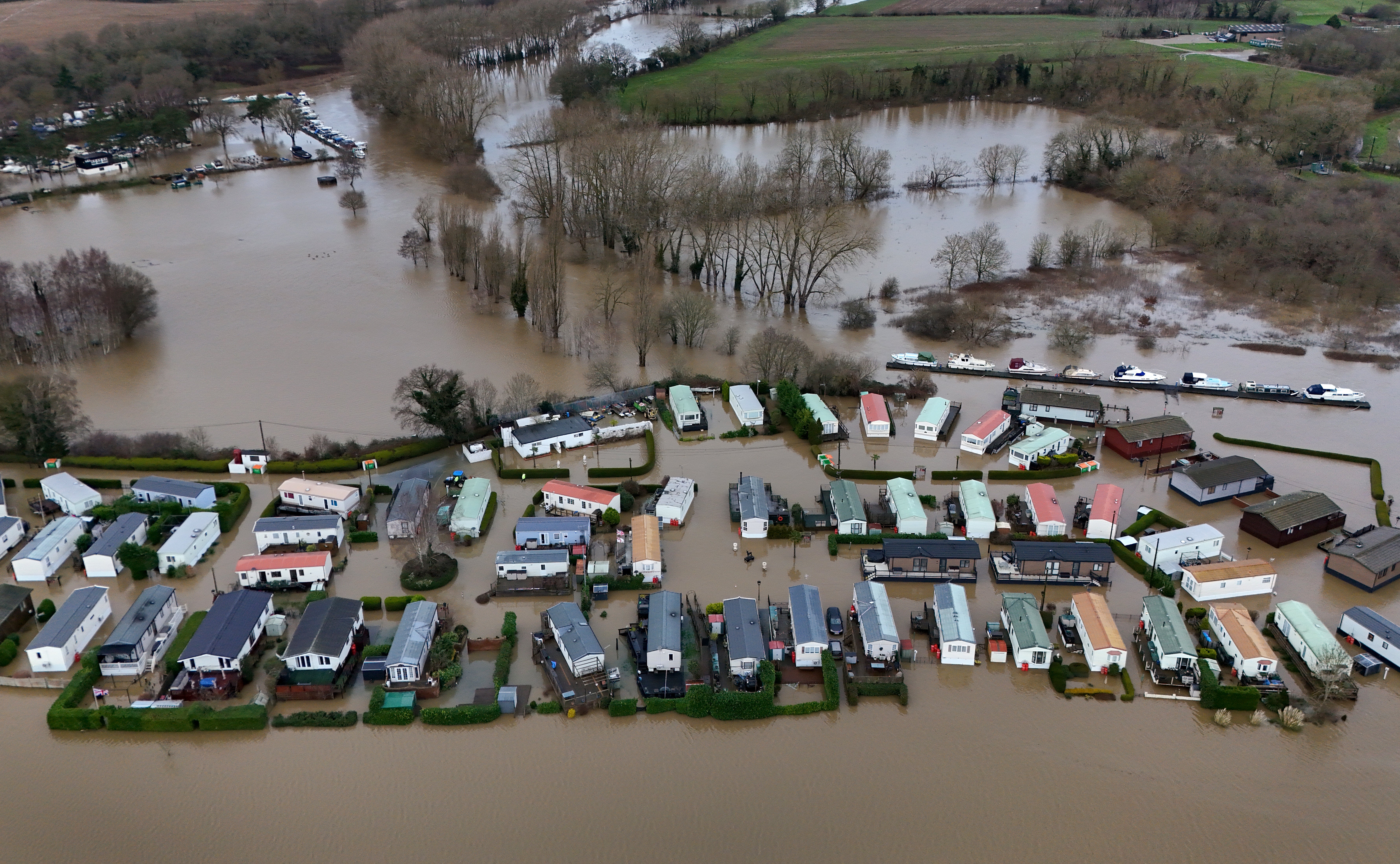 Flood waters around the Little Venice caravan park in Yalding, Kent