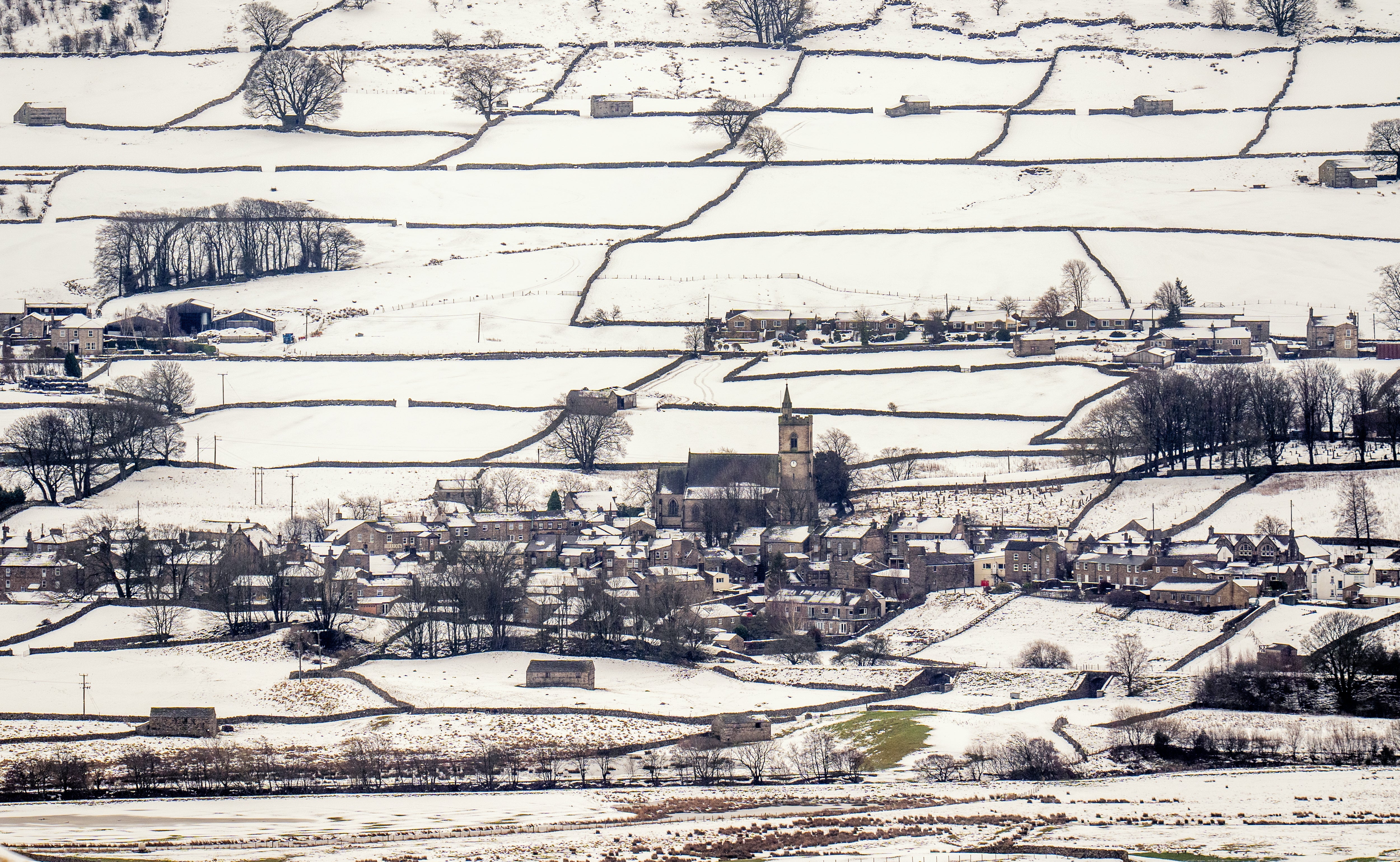 Snow covers Hawes in the Yorkshire Dales National Park on Monday