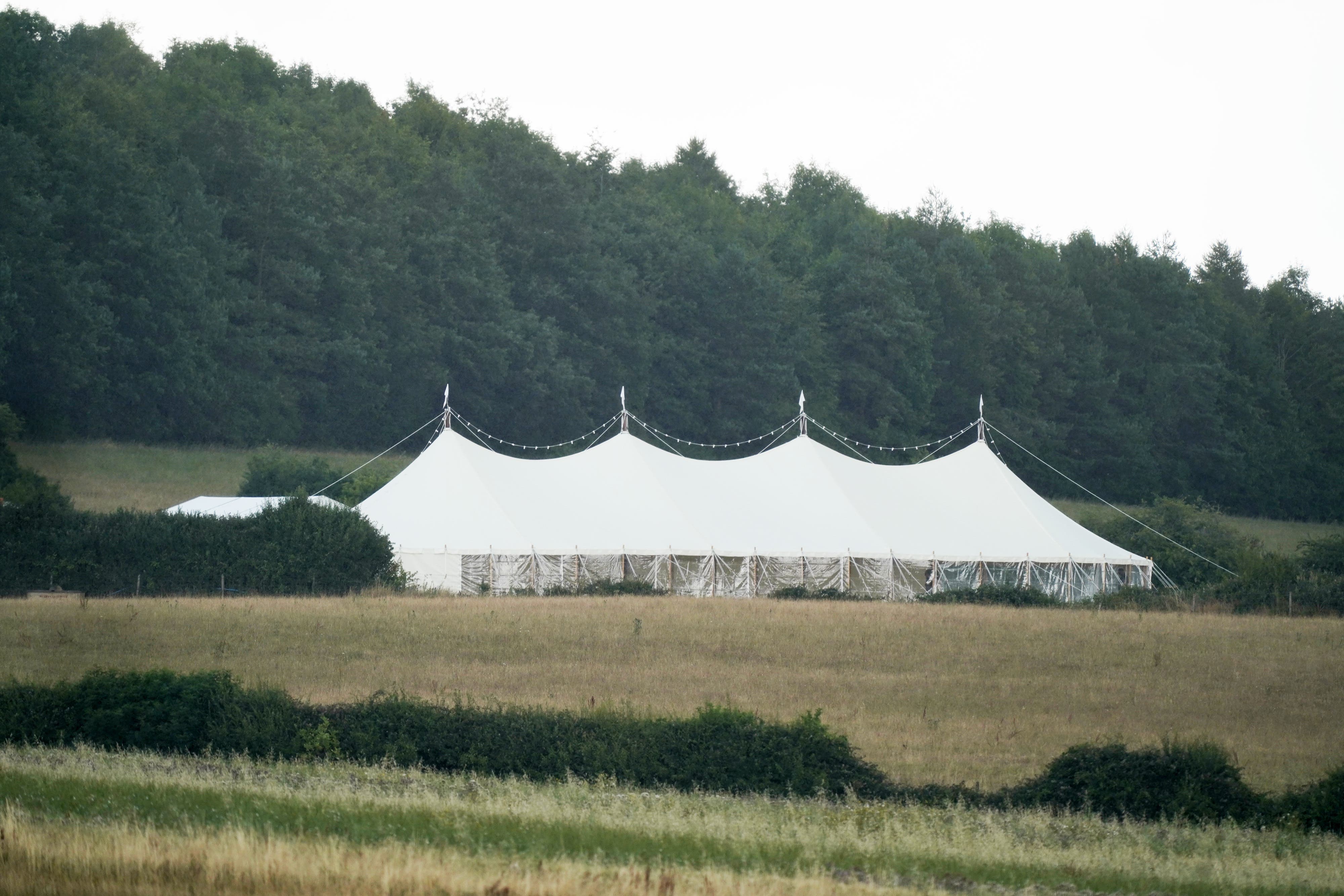 A marquee is erected on the grounds of Daylesford House in Gloucestershire, the location where Prime Minister Boris Johnson and wife Carrie held a first wedding anniversary party for friends and family (Steve Parsons/PA)