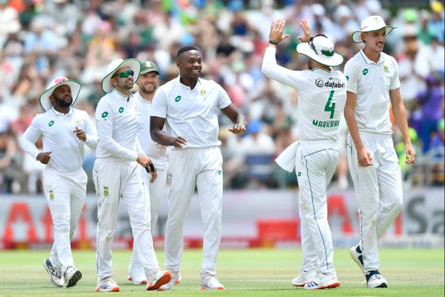 <p>Kagiso Rabada (centre) will be able to feature in the World Test Championship final</p>