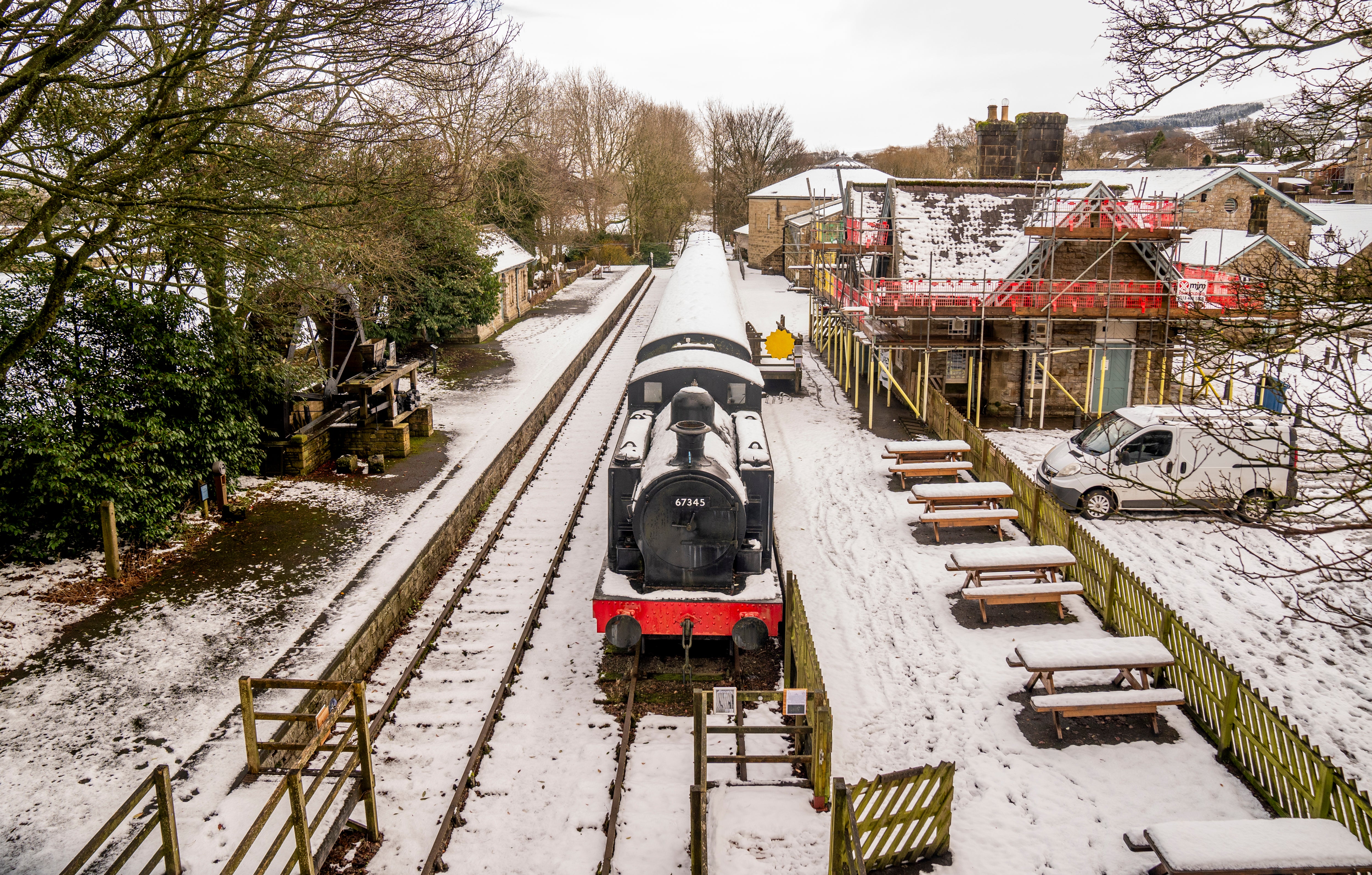 A train in snowy conditions at the Dales Countryside Museum in Hawes, North Yorkshire.