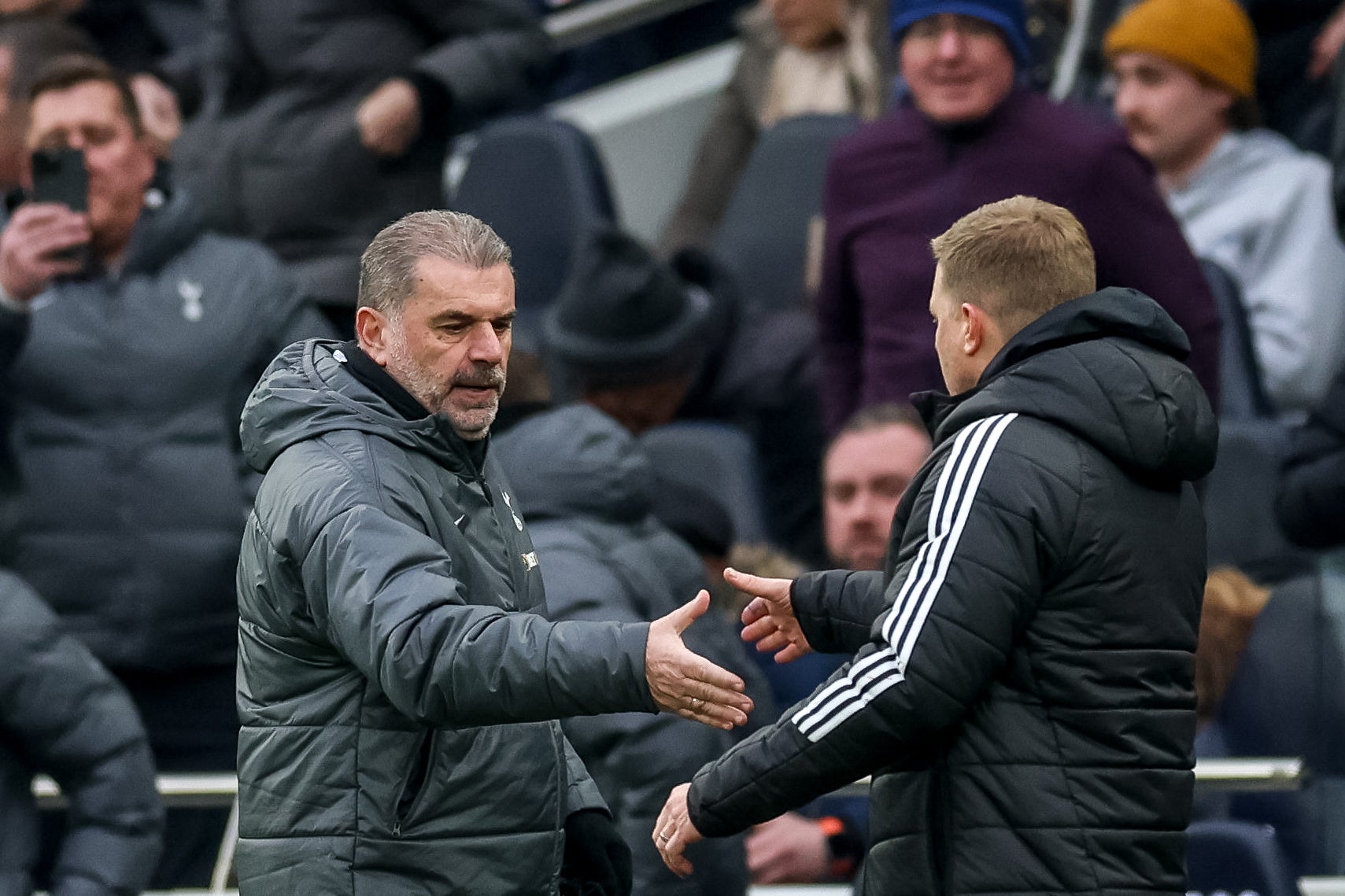 Tottenham’s Ange Postecoglou (left) is feeling the strain of a packed schedule