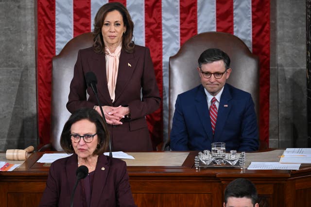 <p>(L-R) US Senator Deb Fischer, Republican from Nebraska, speaks as US Vice President Kamala Harris and Speaker of the House Mike Johnson look on during of a joint session of Congress to certify the results of the 2024 Presidential election, inside the House Chamber at the US Capitol on January 6, 2025</p>