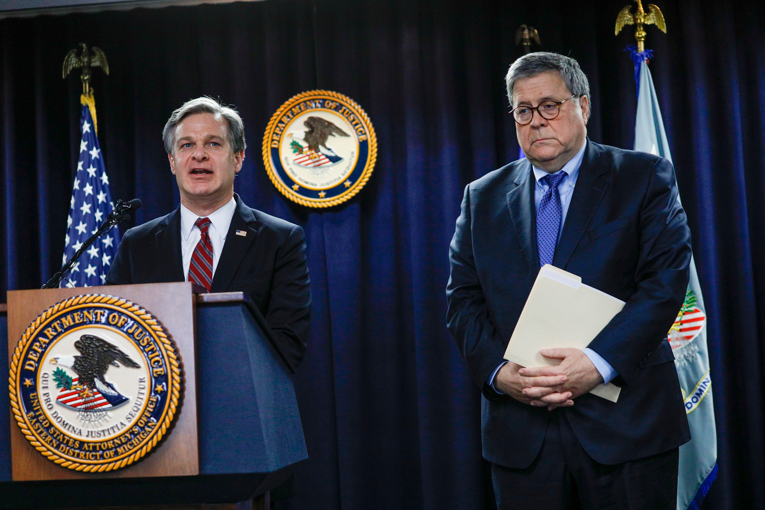 The Trump Administration’s “China Initiative” was implemented by FBI Director Chris Wray (left), under Attorney General William Barr