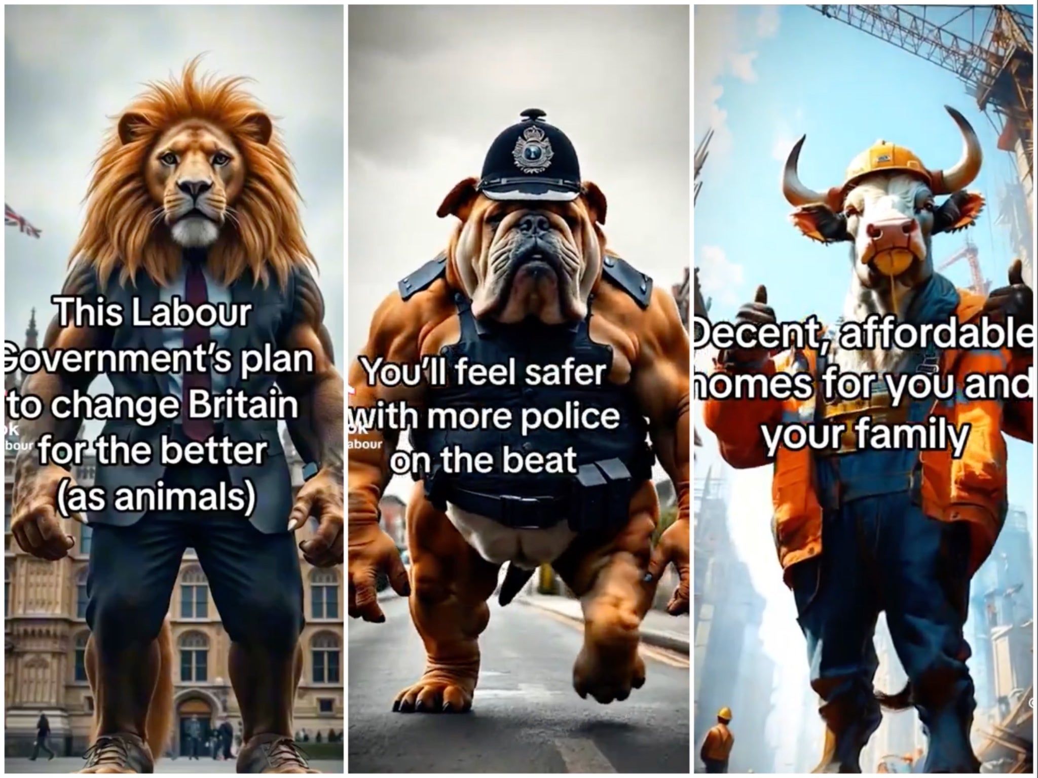 The video displayed artificial intelligence-generated animals promoting its NHS and police reforms