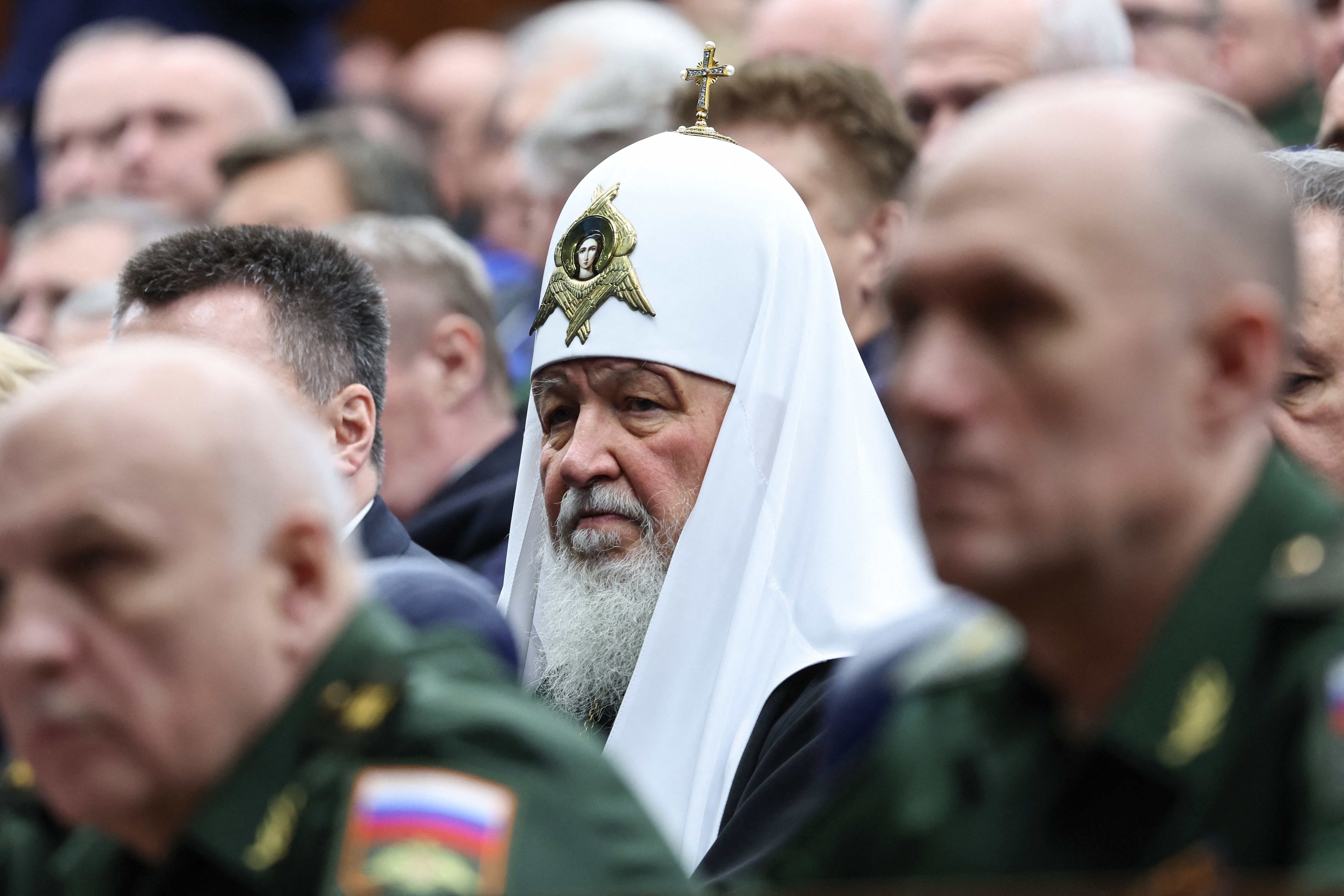 Head of the Russian Orthodox church, Patriarch Kirill, attends an expanded meeting in Moscow