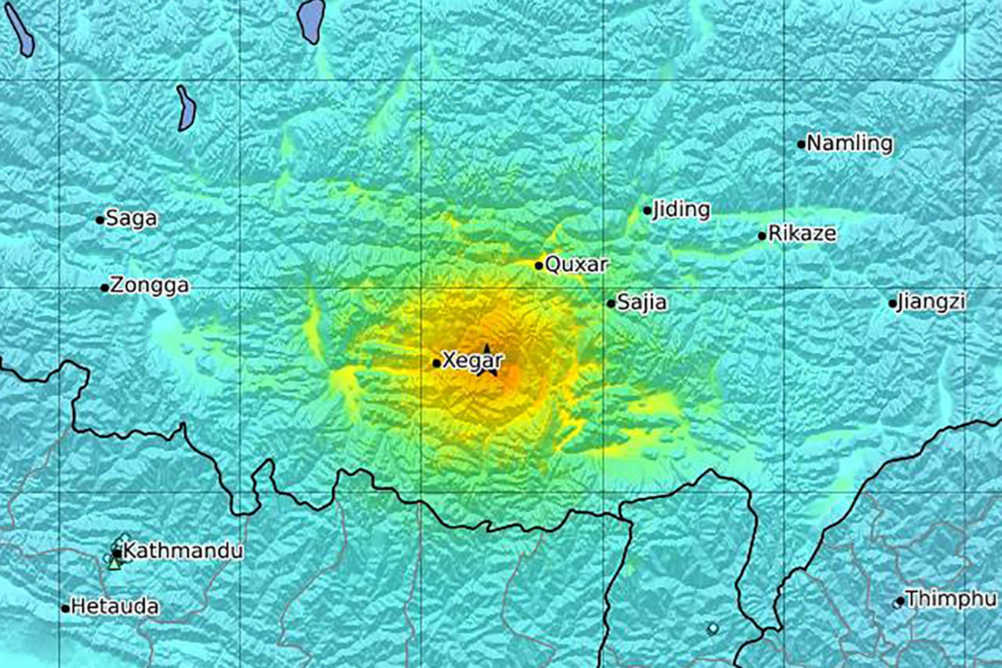 The epicentre was recorded around 110 miles southwest of Shigatse, Tibet