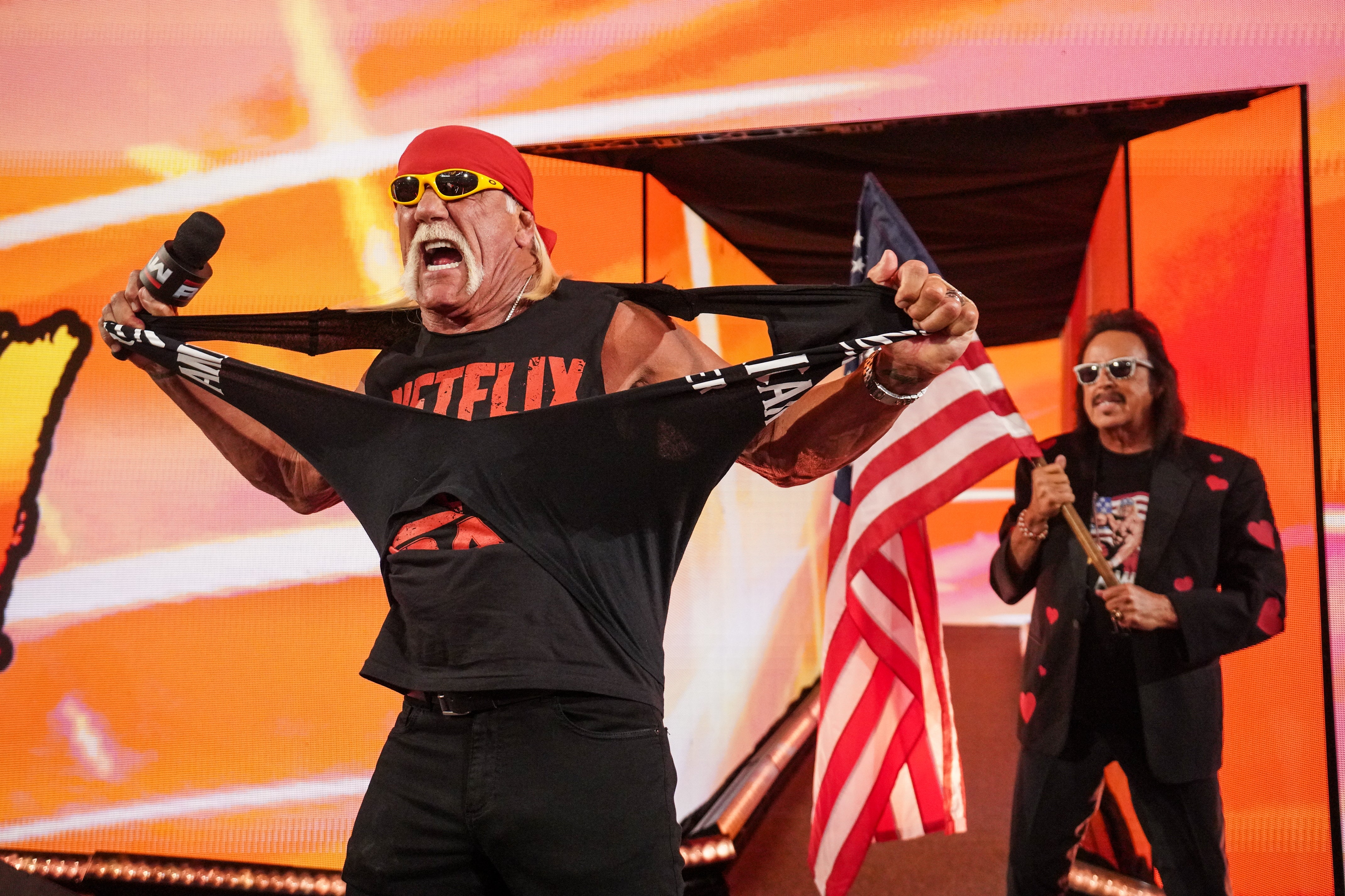 Hulk Hogan addresses the crowd during Monday Night Raw at the Intuit Dome in Inglewood, California, on January 6 2025