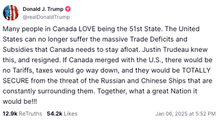 Donald Trump once again taunted Canada, claiming its citizens ‘LOVE being the 51st State’