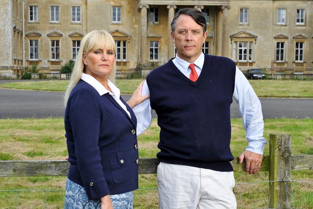 <p>David Brudenell-Bruce, the 9th Marquess of Ailesbury with his second wife Joanne outside Tottenham House on the Severnake Estate.</p>