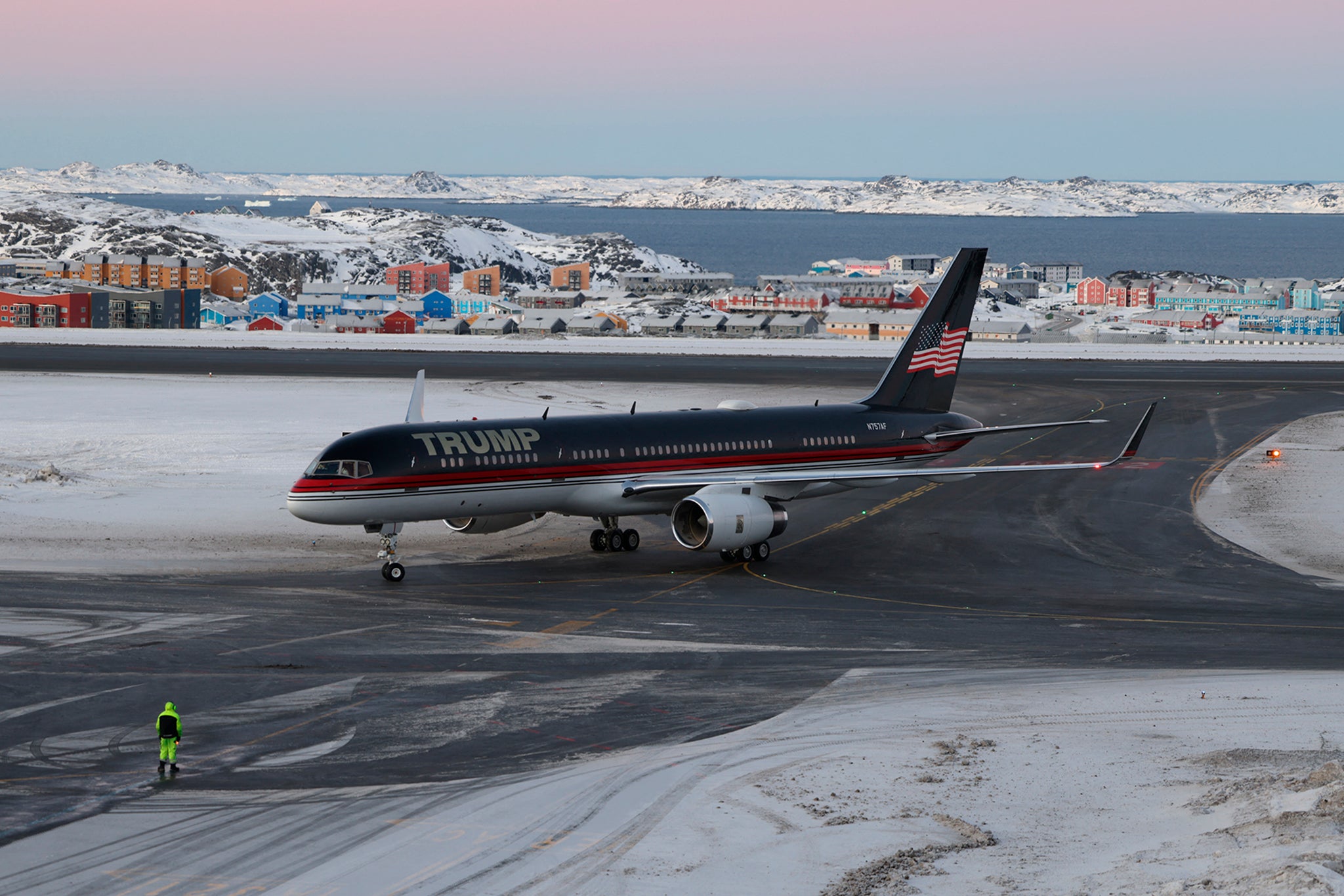 An aircraft carrying Donald Trump Jr. arrives in Nuuk, Greenland on January 7, 2025. President-elect Donald Trump has repeatedly suggested that the U.S. buy the island