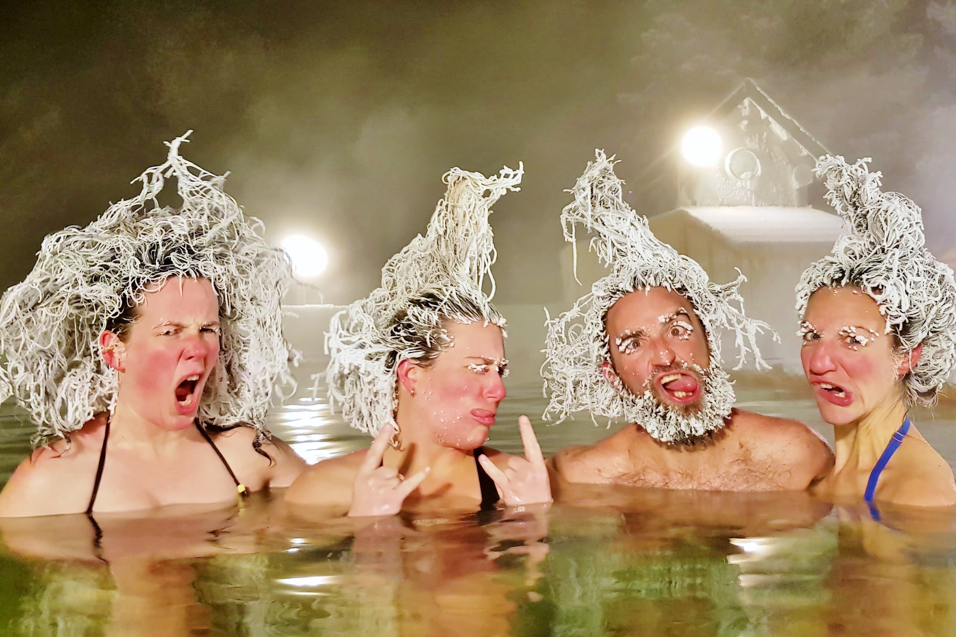 Contestants freeze for a picture with their best hairdo when it drops to -20C