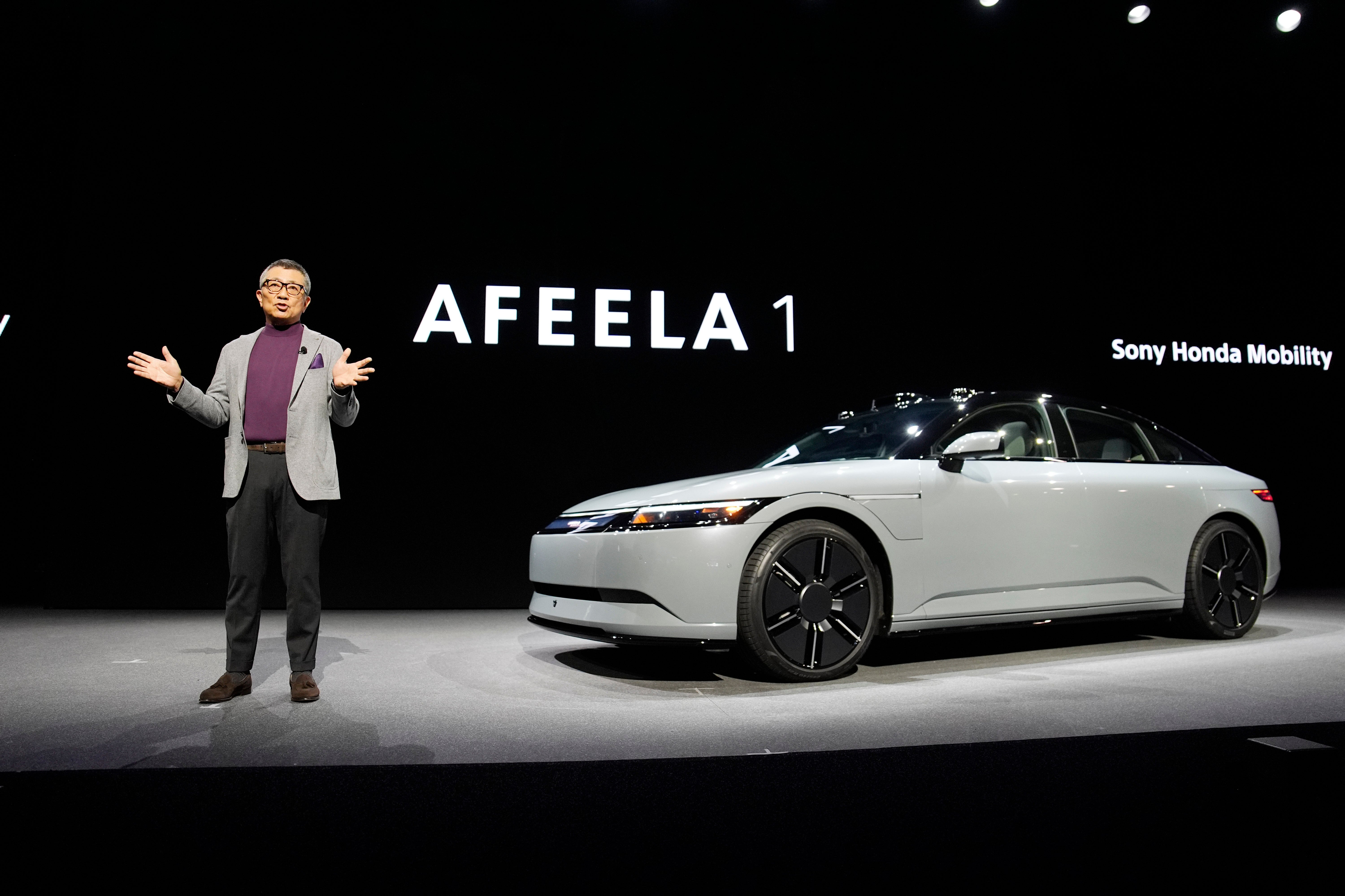 Yasuhide Mizuno of Sony Honda Mobility speaks about the Afeela 1 EV (John Locher/AP)