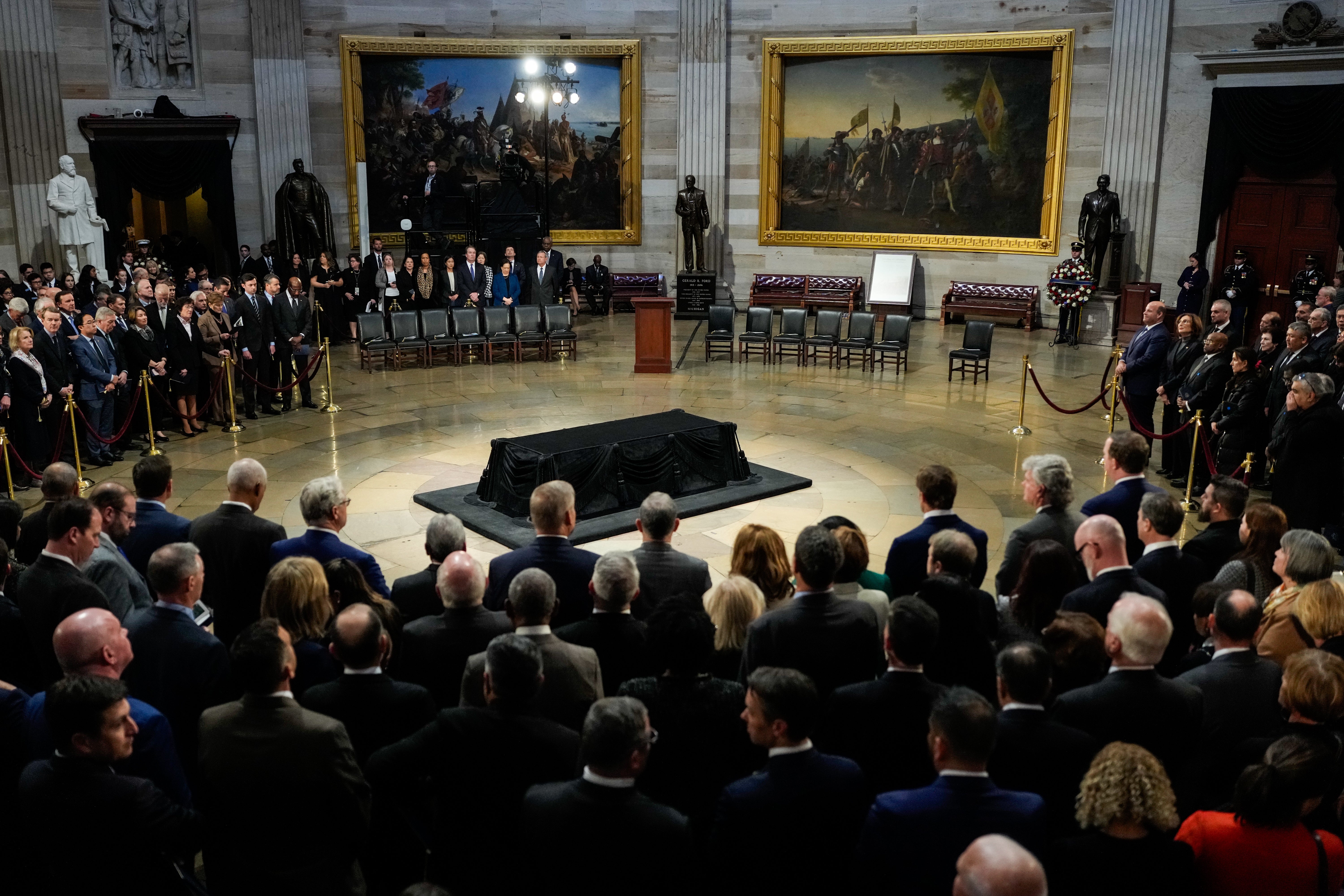 Members of Congress and other guests attend a ceremony for former U.S. President Jimmy Carter in the Rotunda of the U.S. Capitol on January 7, 2025 in Washington, DC