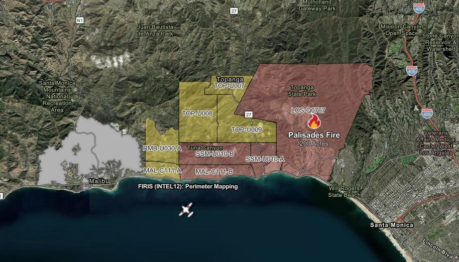 The borders of the Palisades Fire and its evacuation zones are seen in this Cal Fire map. The fire was not yet contained on Tuesday afternoon