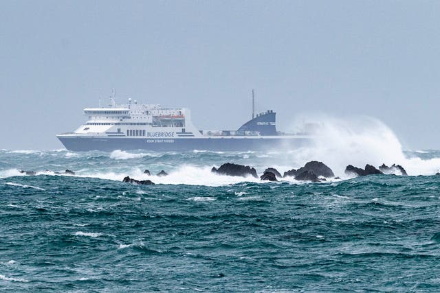 <p>Bluebridge ferry makes it way to Wellington, New Zealand, in rough seas on Aug. 21, 2023</p>