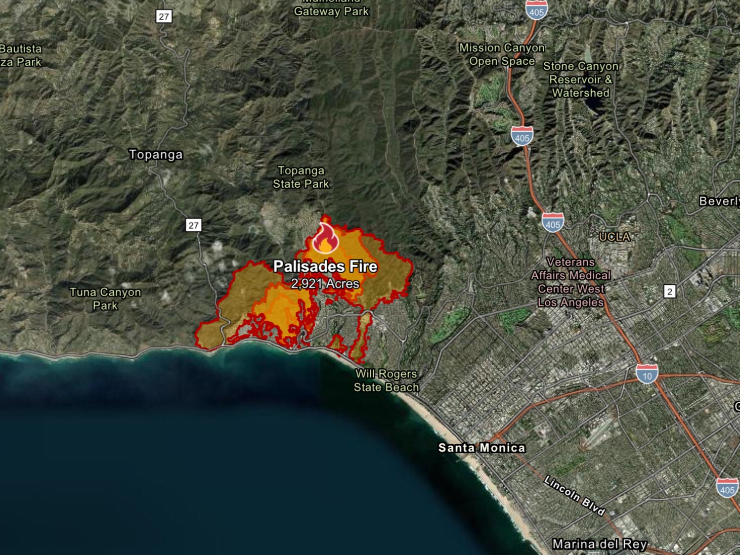 Palisades fire burning just northwest of Santa Monica, California, on 7 January 2025