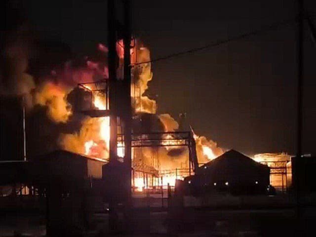 <p>File - A fire at an oil depot in Engels, Russia</p>
