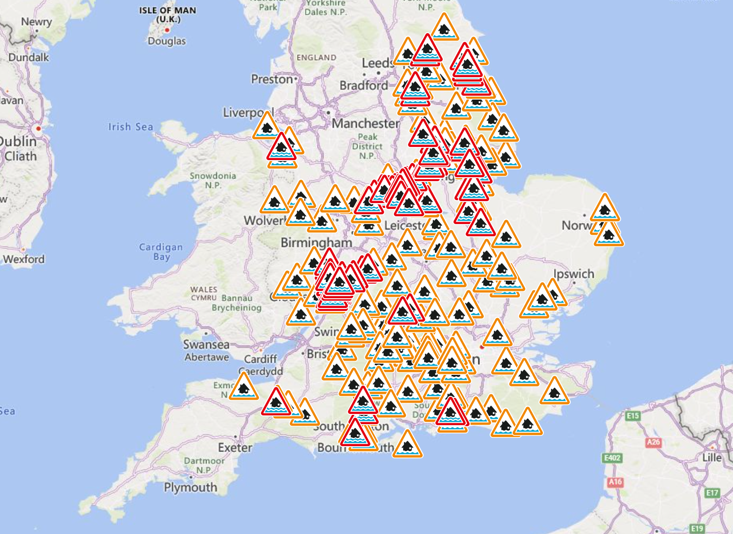 Map of all the flood warnings and alerts in England