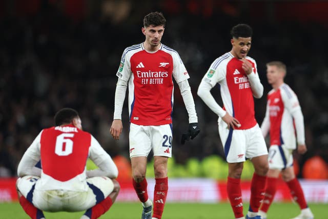 <p>Kai Havertz and William Saliba of Arsenal look on after defeat to Newcastle United</p>