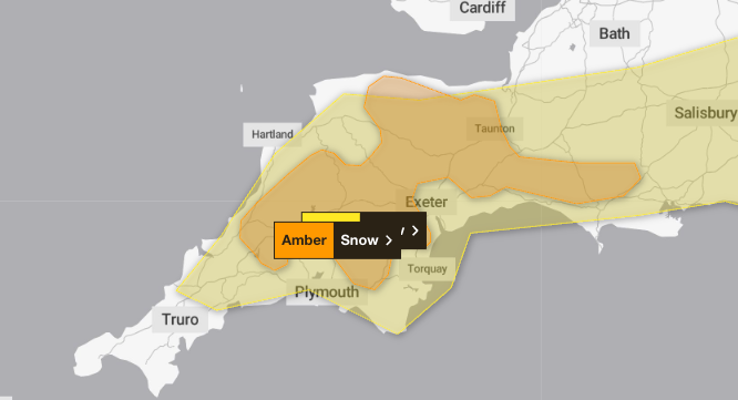 An amber weather warning for snow has been issued in south west England