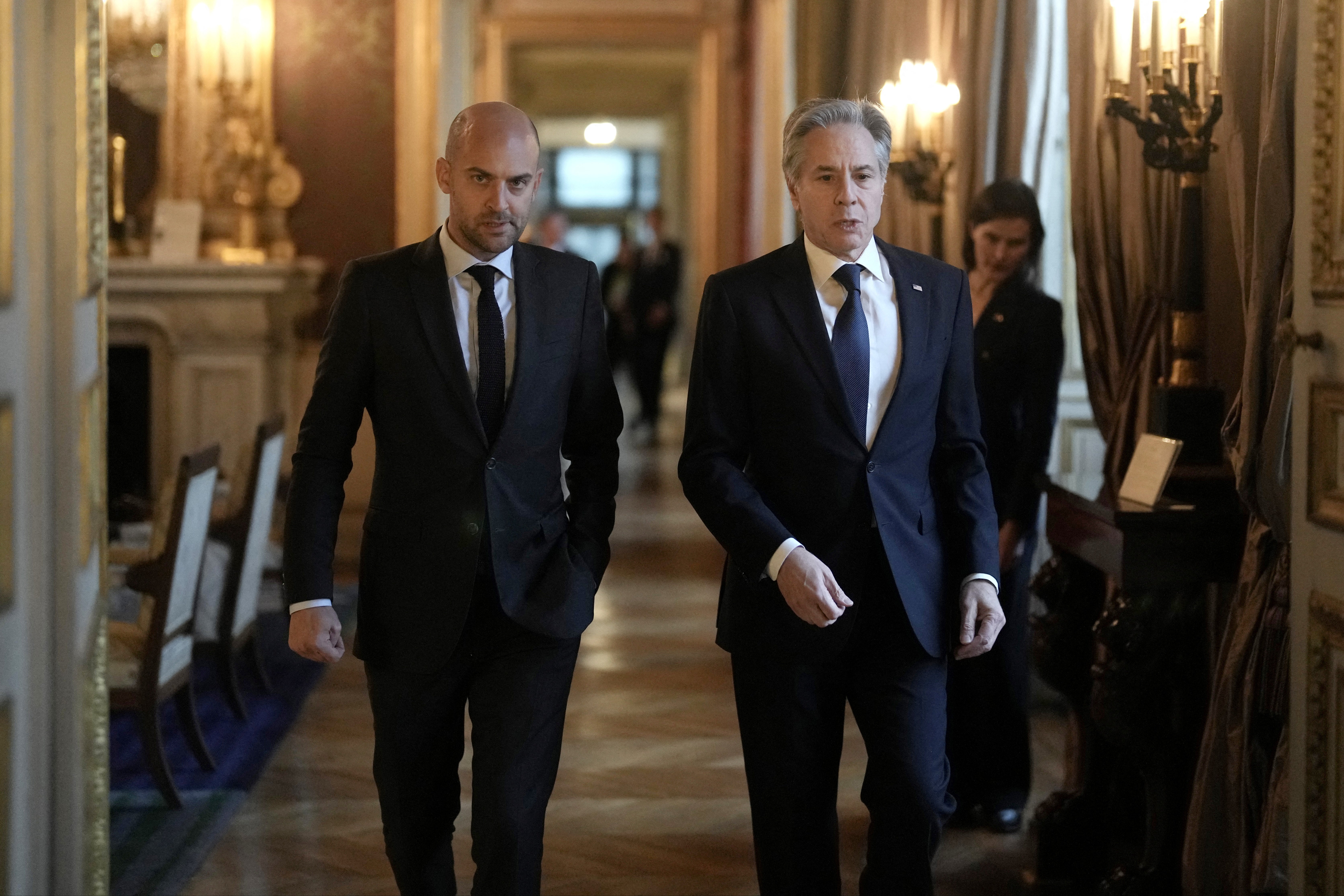 French Foreign Minister Jean-Noel Barrot and U.S. Secretary of State Antony Blinken arrive for a meeting, in Paris, France