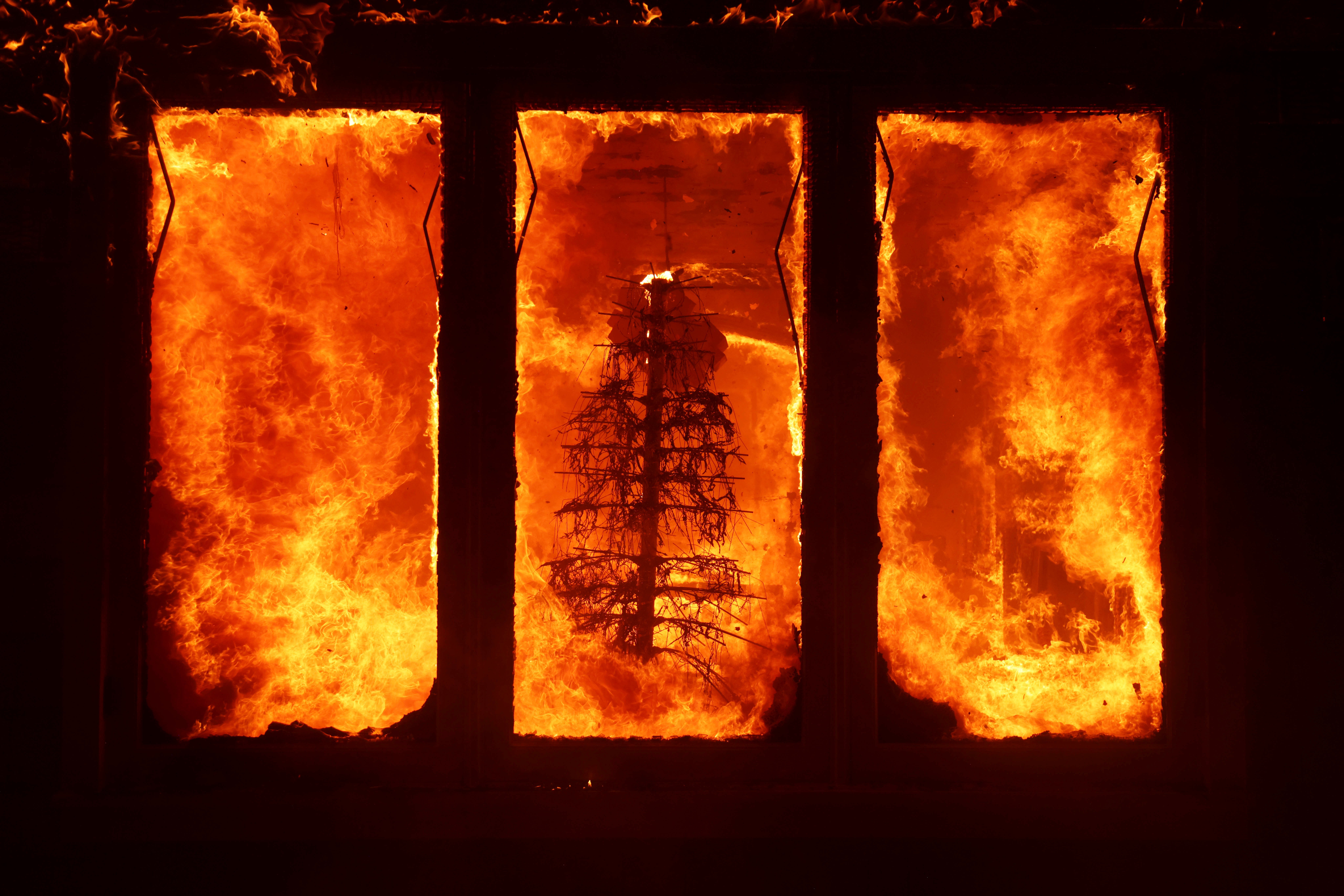 The Palisades Fire burns a Christmas tree inside a Pacific Palisades neighborhood residence in Southern California, on Tuesday. Tens of thousands of residents were evacuated