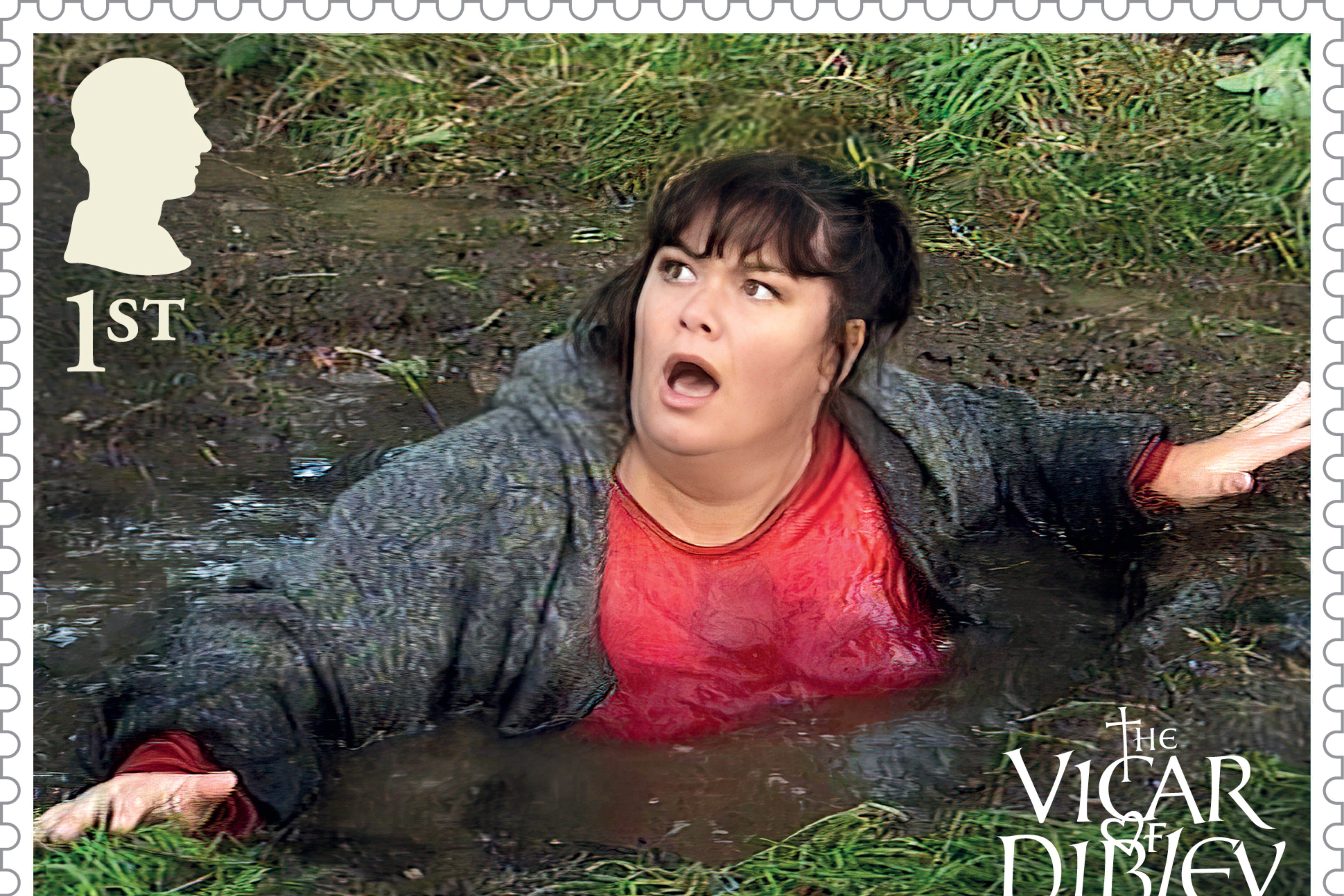 An unsuspecting Geraldine jumping into a very deep puddle features on the first class stamp (Royal Mail/PA)