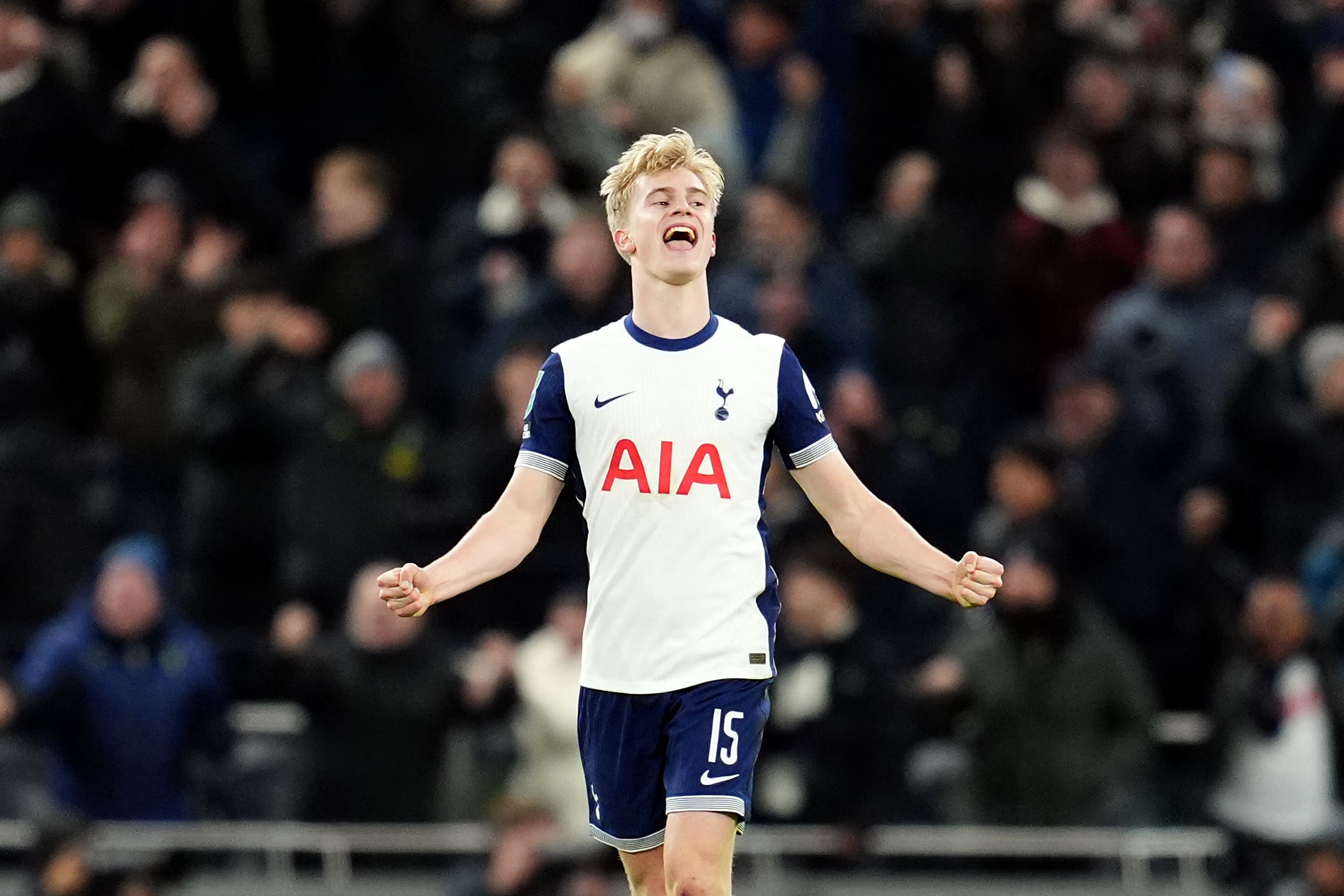 Lucas Bergvall scored his first Tottenham goal to give the team a 1-0 first leg lead in their Carabao Cup semi-final against Liverpool (Adam Davy/PA)