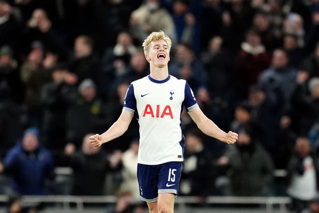 Lucas Bergvall scored his first Tottenham goal to give the team a 1-0 first leg lead in their Carabao Cup semi-final against Liverpool (Adam Davy/PA)