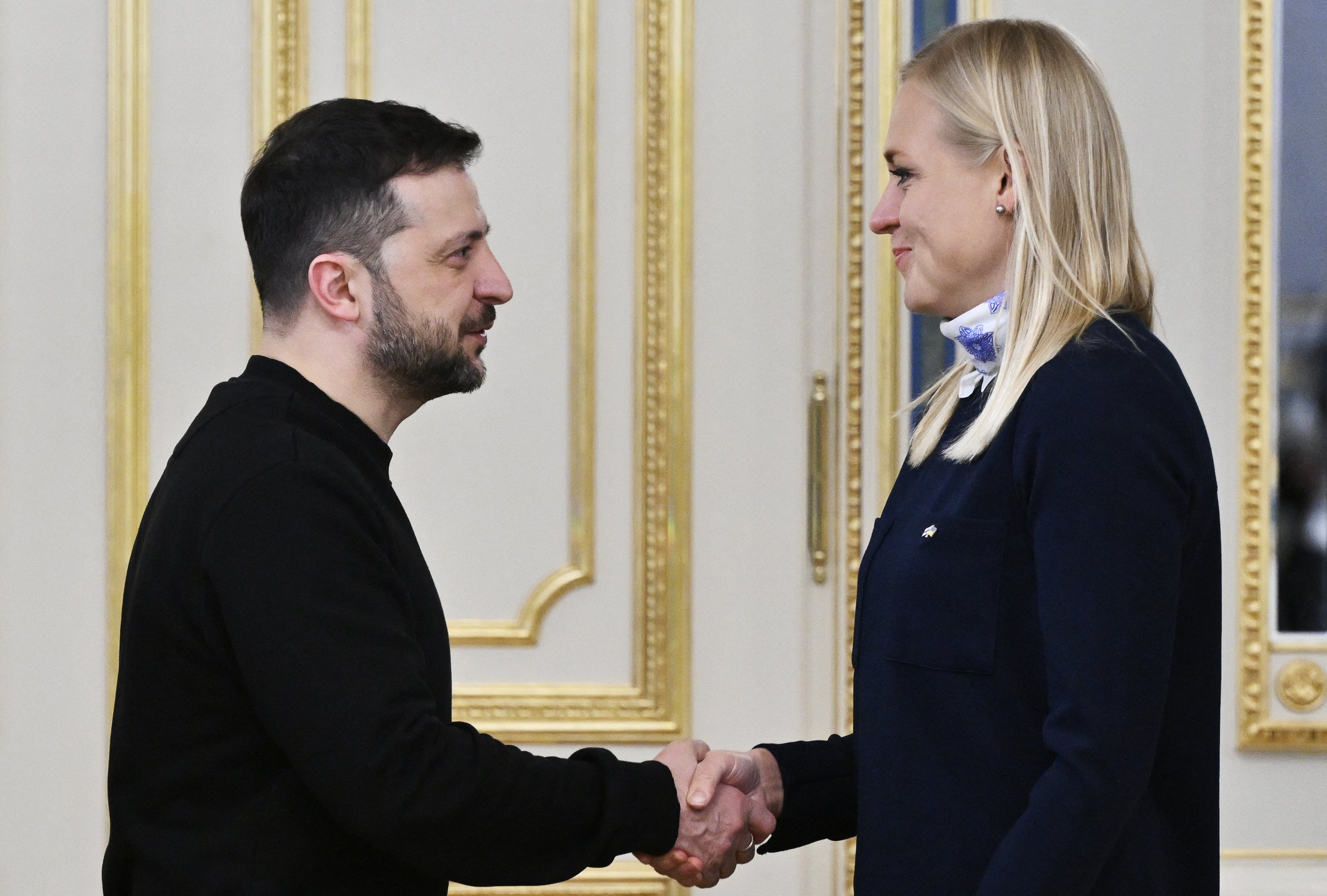 Volodymyr Zelensky shakes hands with Finland's minister of foreign affairs Elina Valtonen during their meeting in Kyiv