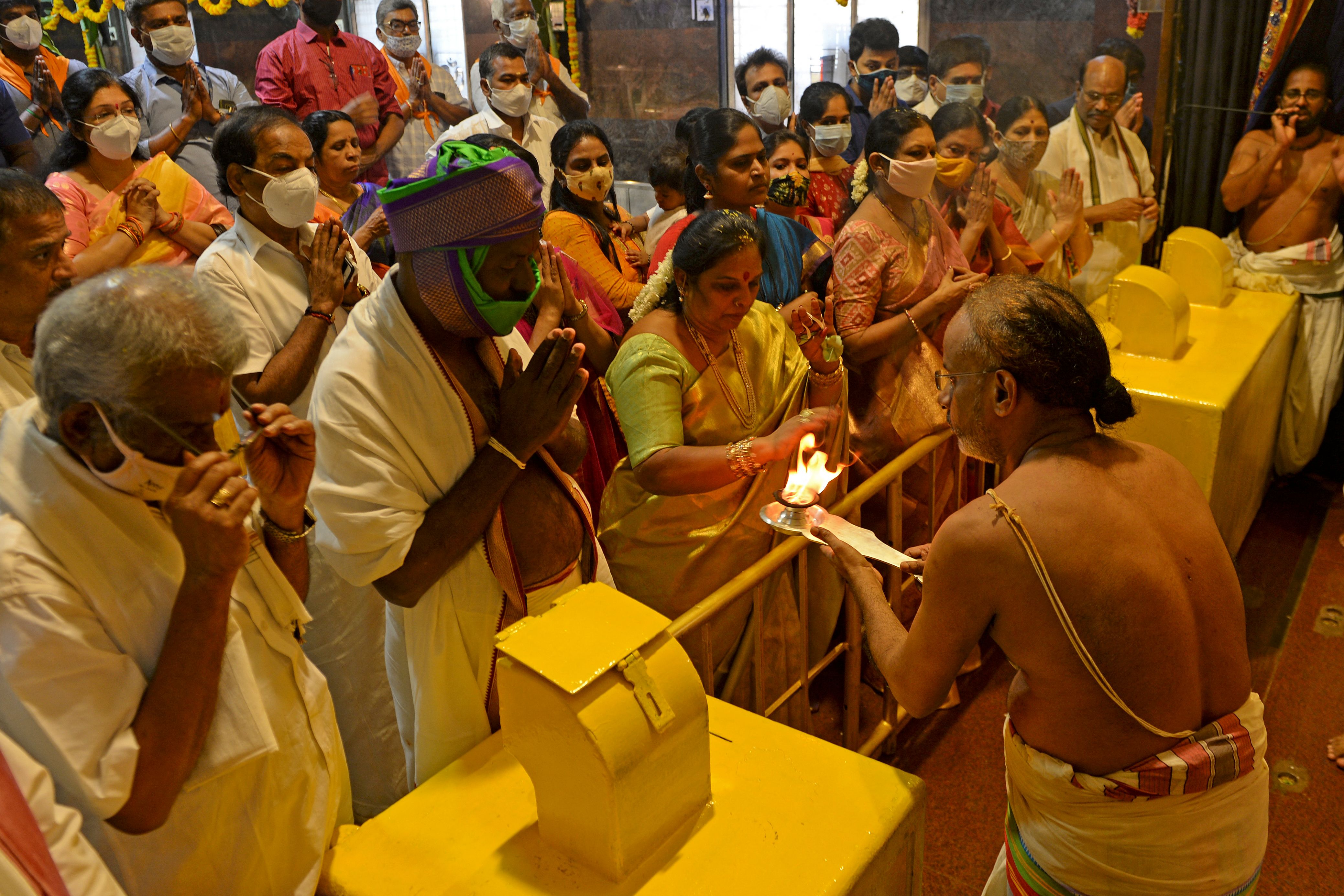 Hindu devotees visit the Tirumala Tirupati temple