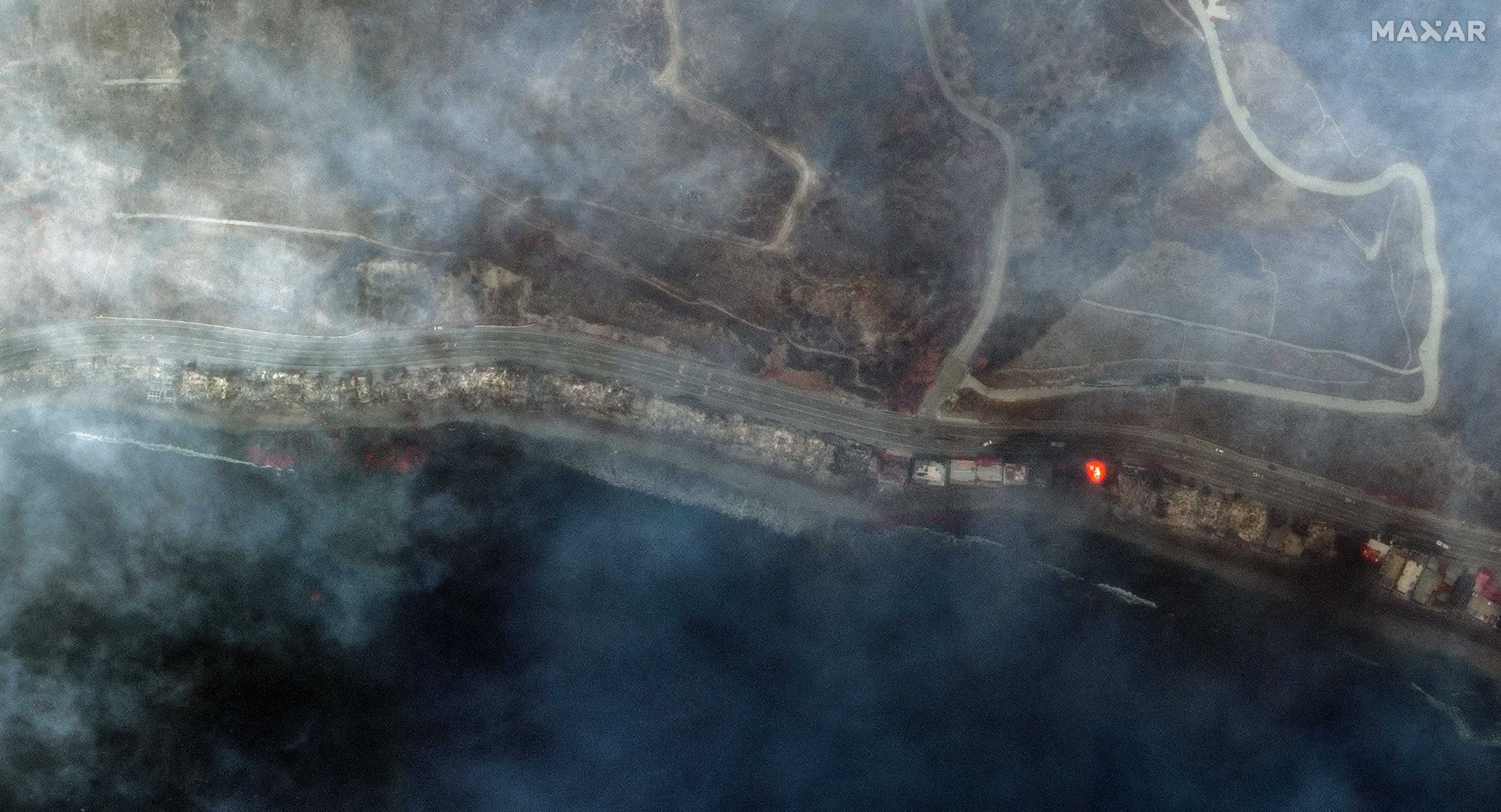 Satellite image shows smoke covering the Pacific Coast Highway along the Malibu