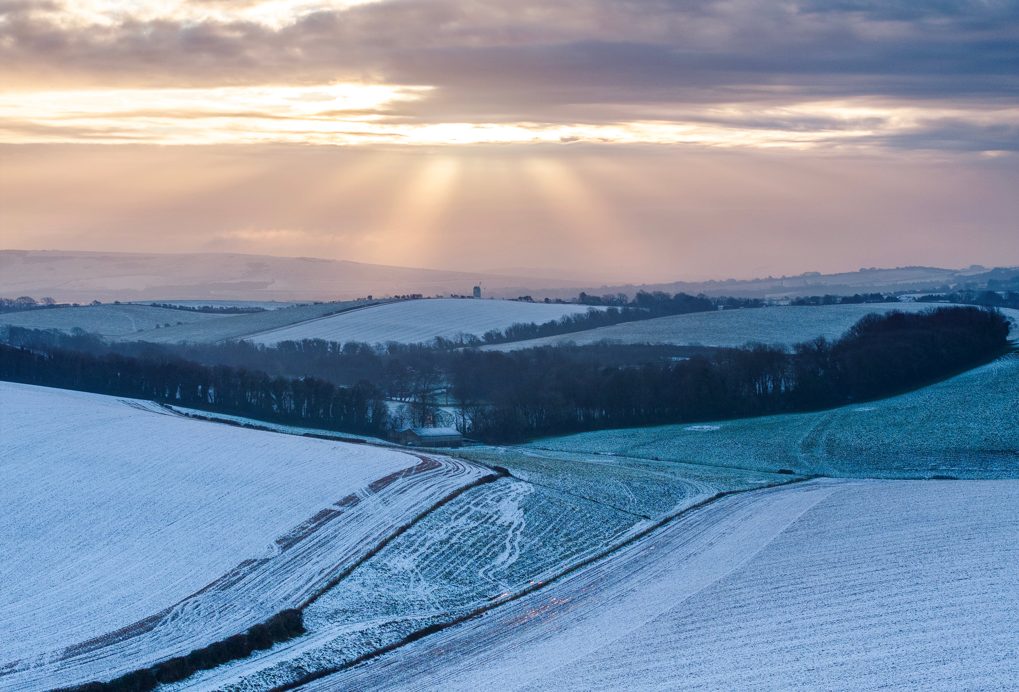 Fields in South Downs National Park are covered in a snowy carpet