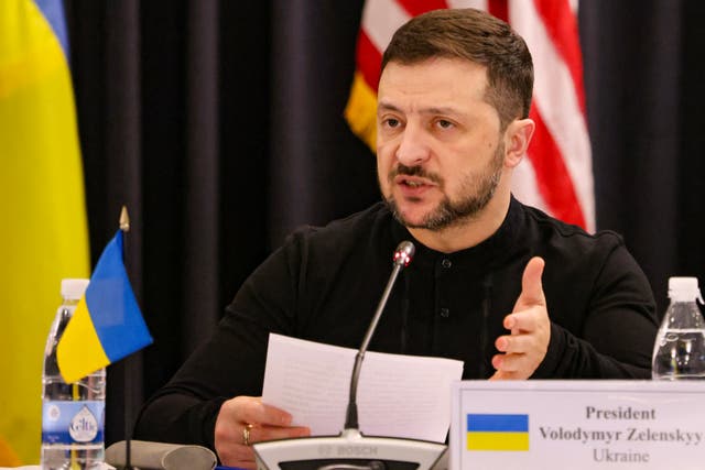 <p>Ukraine's President Volodymyr Zelensky speaks during the opening of the Ukraine Defense Contact Group meeting at Ramstein Air Base, Germany</p>